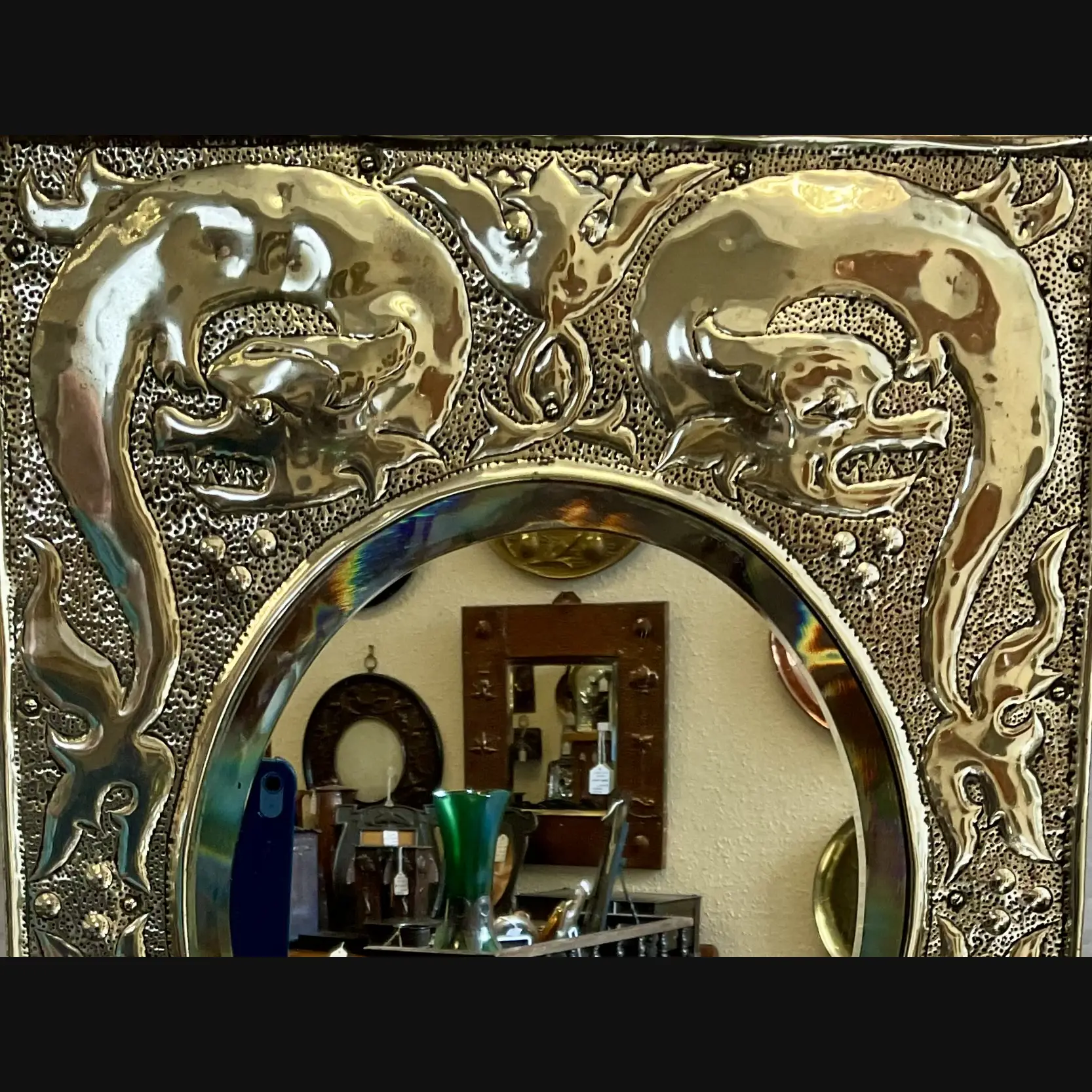 w h mawson keswick home industries khi arts and crafts brass grotesques mirror c1910