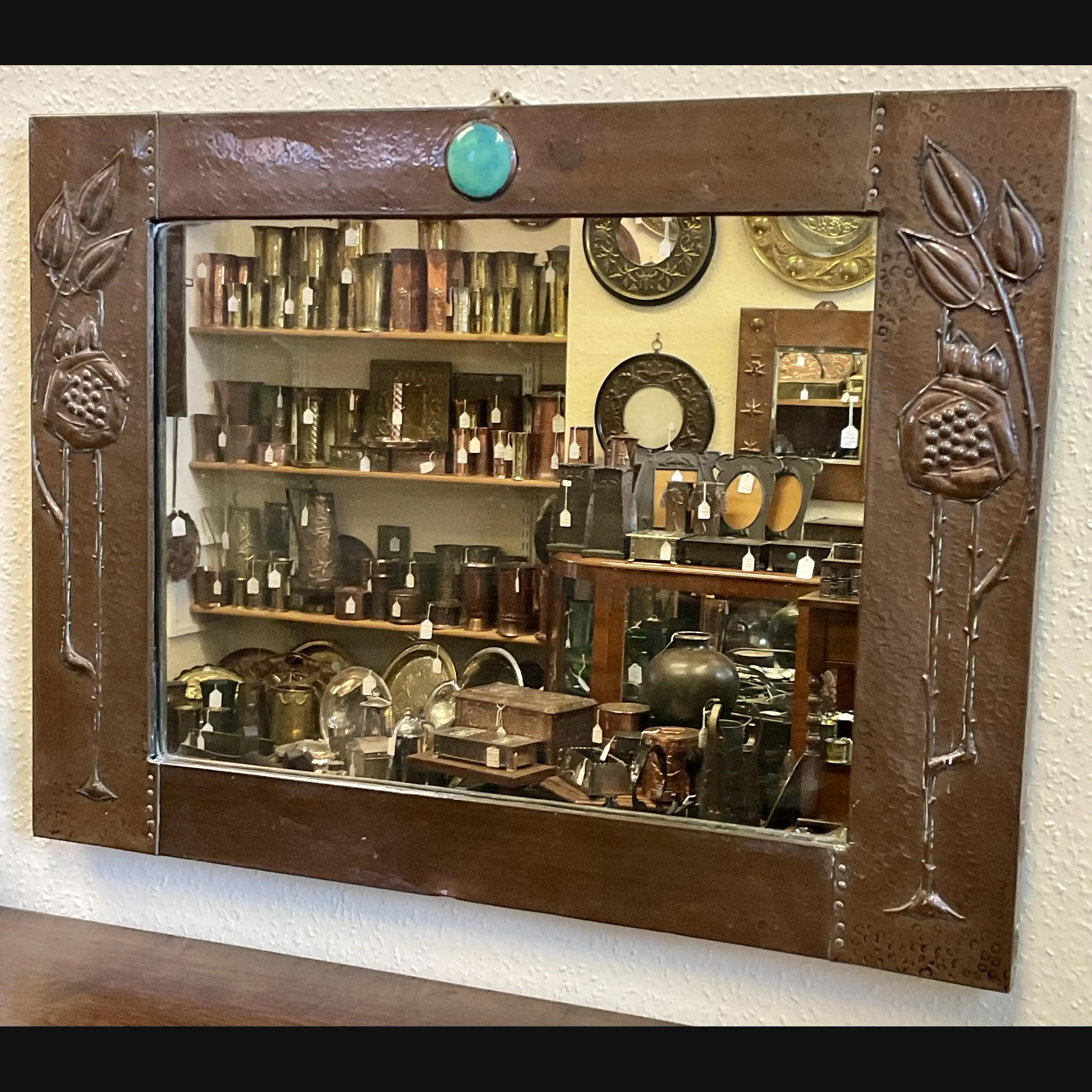 arts and crafts liberty and co copper seed head mirror with ruskin cab c1905