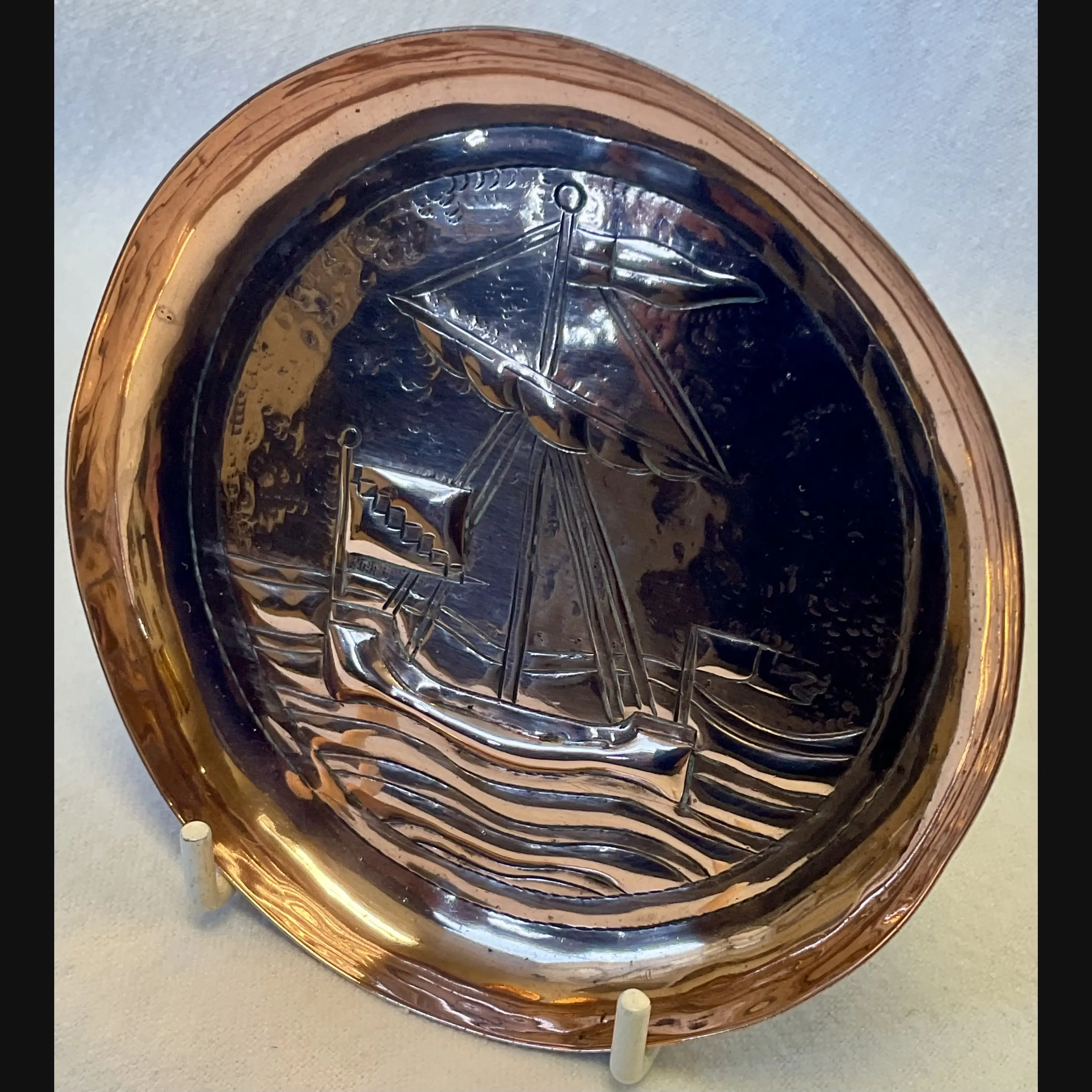 keswick school of industrial art ksia arts and crafts copper pin tray masted ship