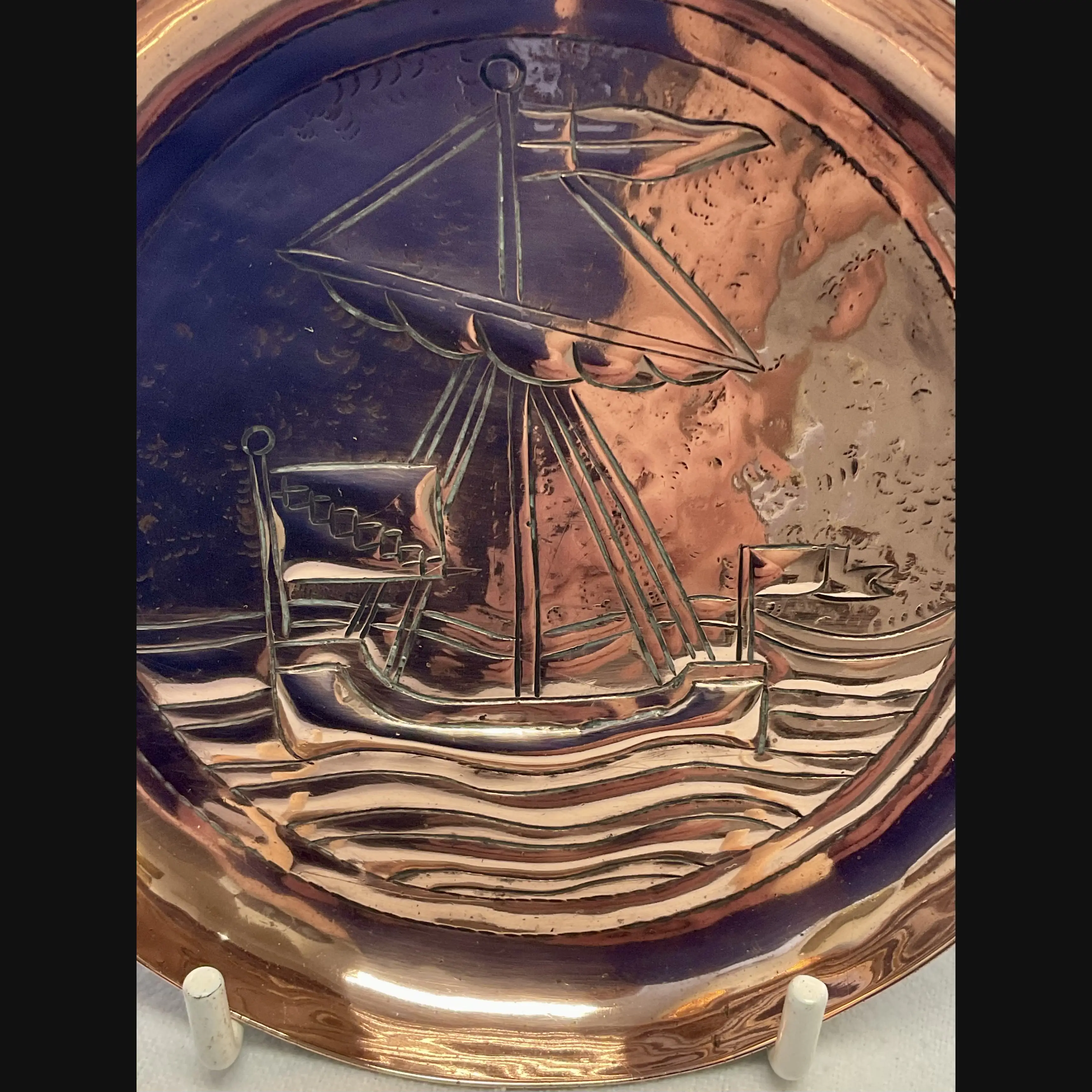 keswick school of industrial art ksia arts and crafts copper pin tray masted ship