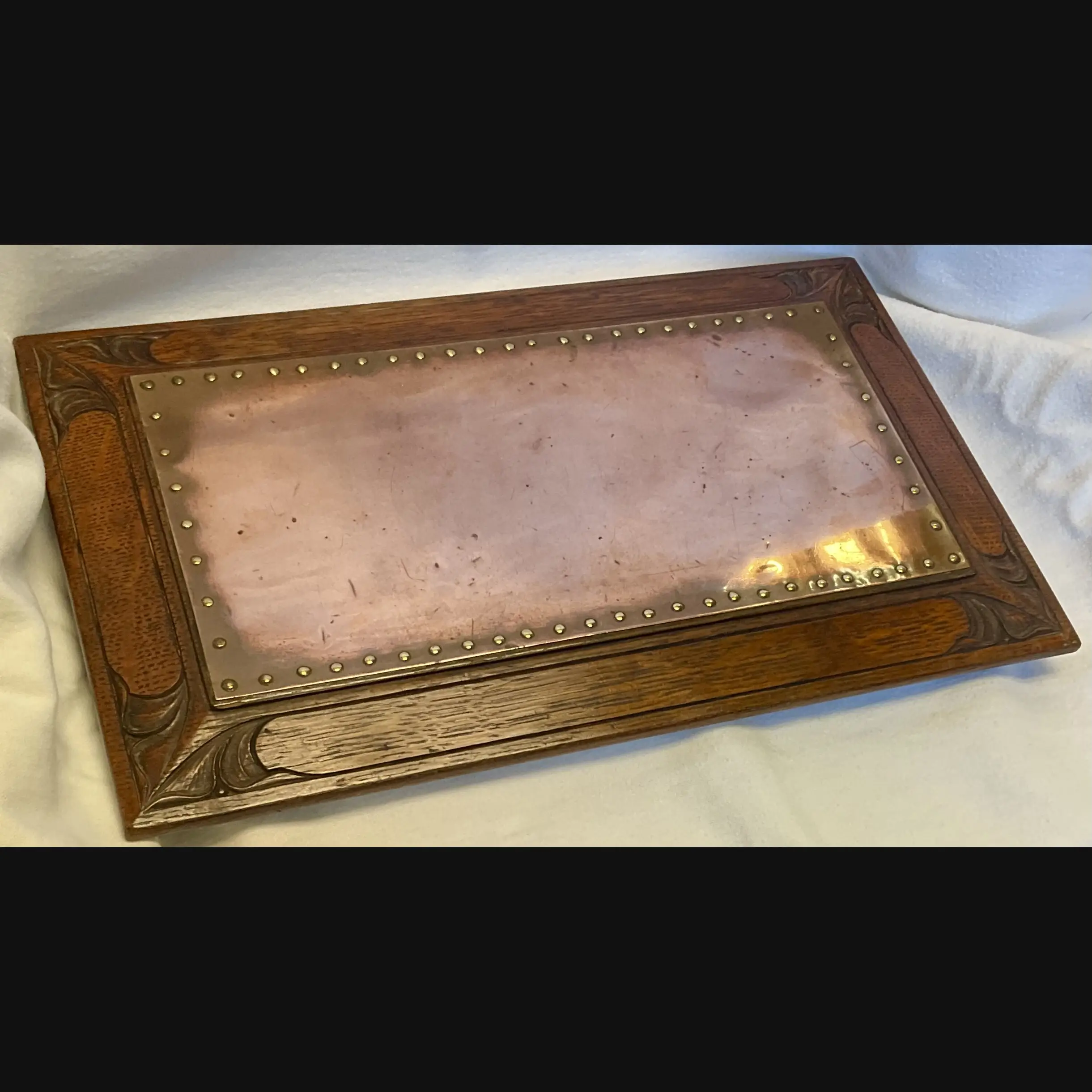 arthur simpson kendal handicrafts arts and crafts carved oak and copper stand trivet c1910