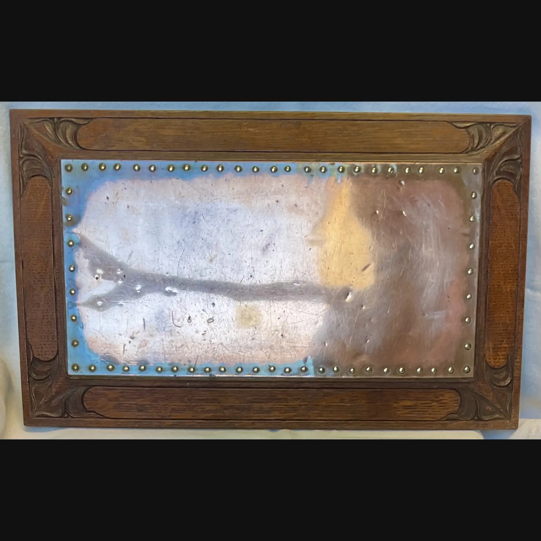 arthur simpson kendal handicrafts arts and crafts carved oak and copper stand trivet c1910