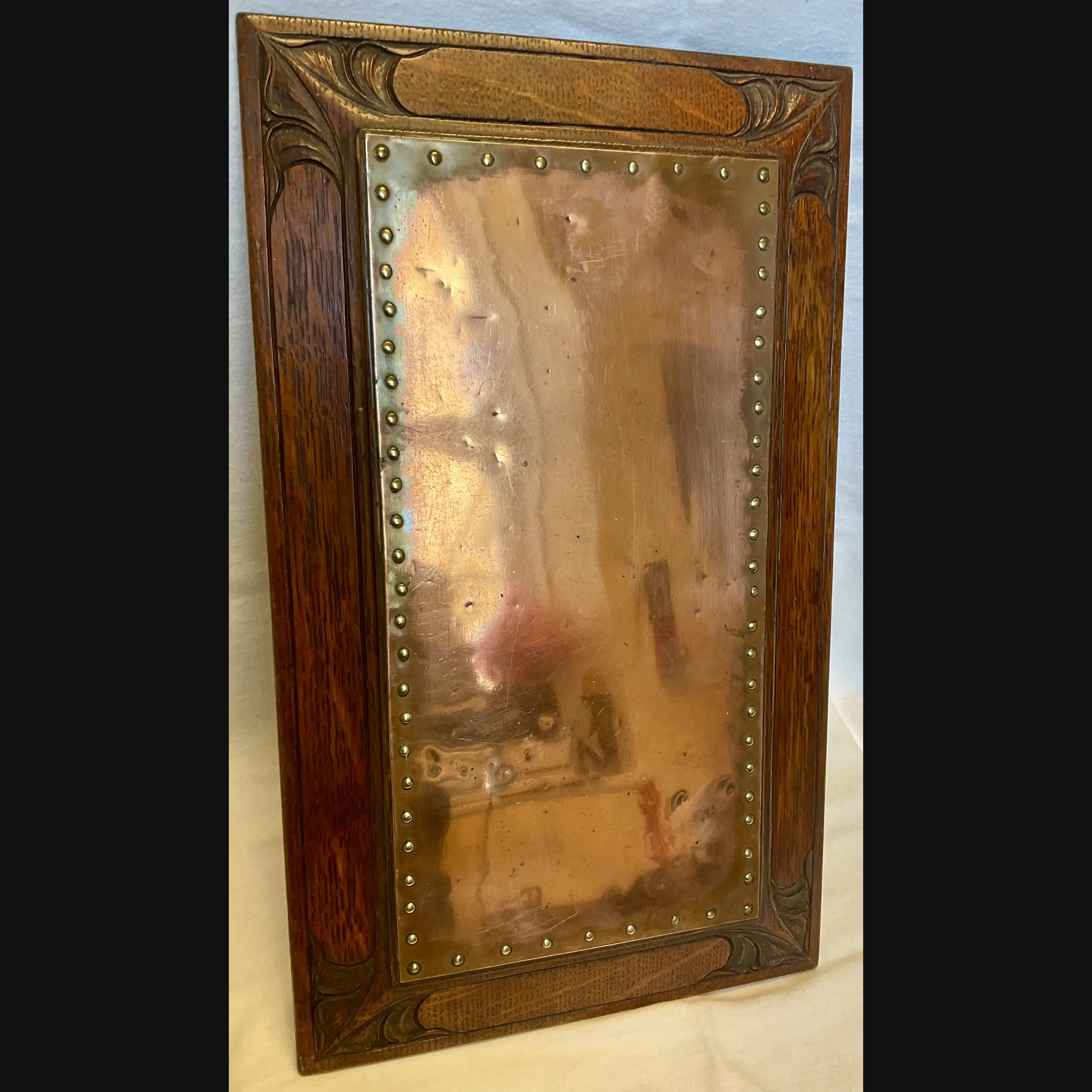 arthur simpson kendal handicrafts arts and crafts carved oak and copper stand trivet c1910