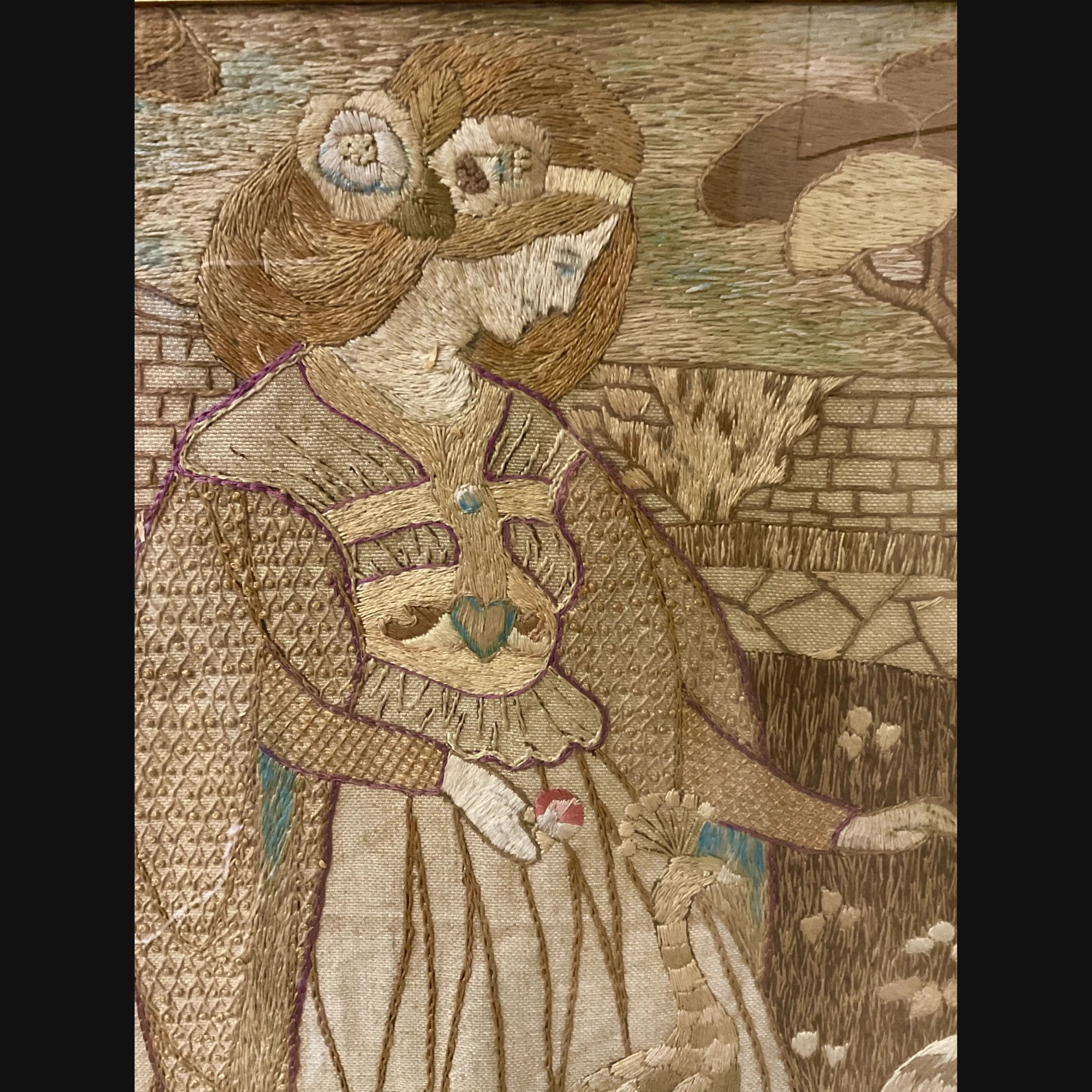 large glasgow school glasgow style scottish arts and crafts embroidery lady at the well with peacock and doves after helen lamb c1900