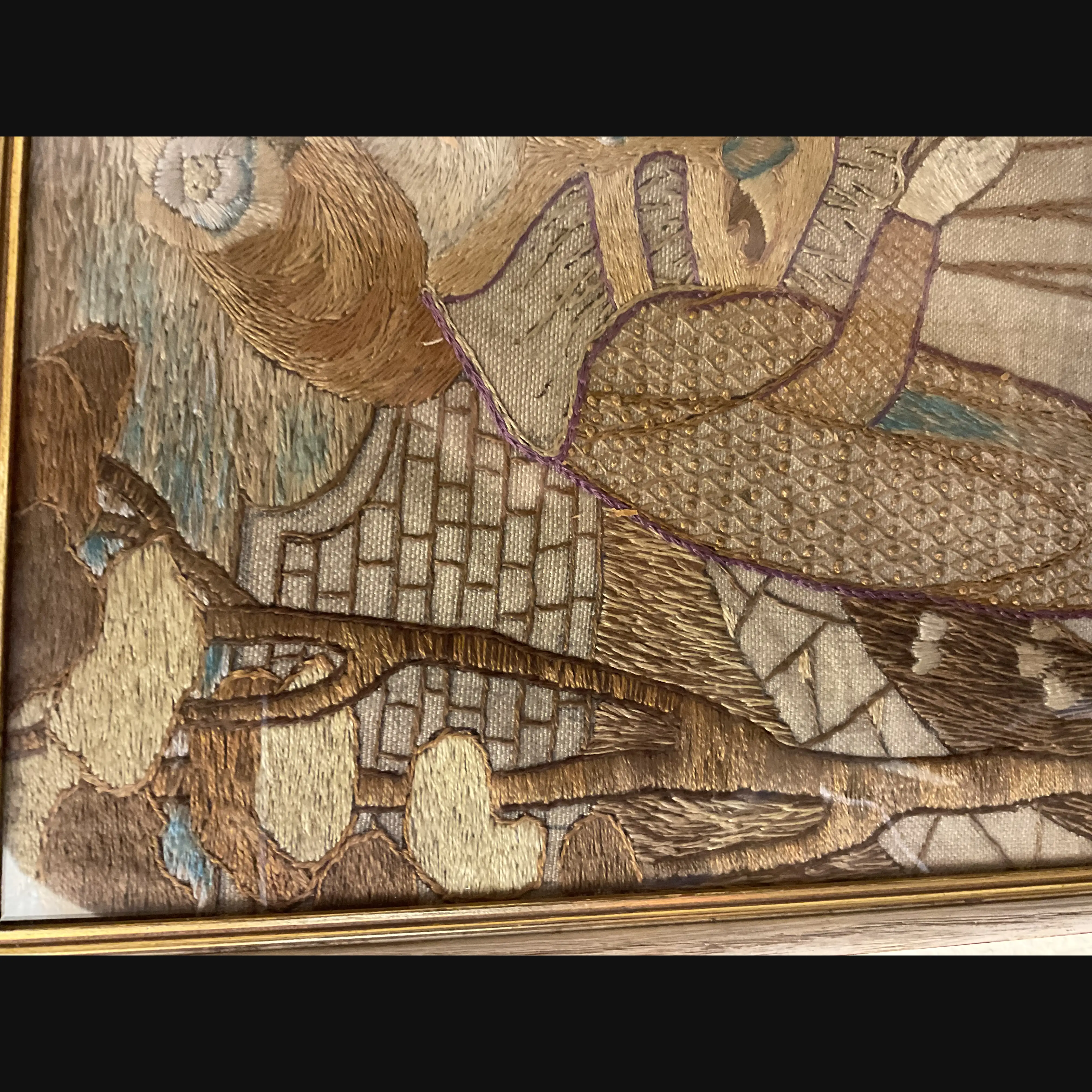 large glasgow school glasgow style scottish arts and crafts embroidery lady at the well with peacock and doves after helen lamb c1900