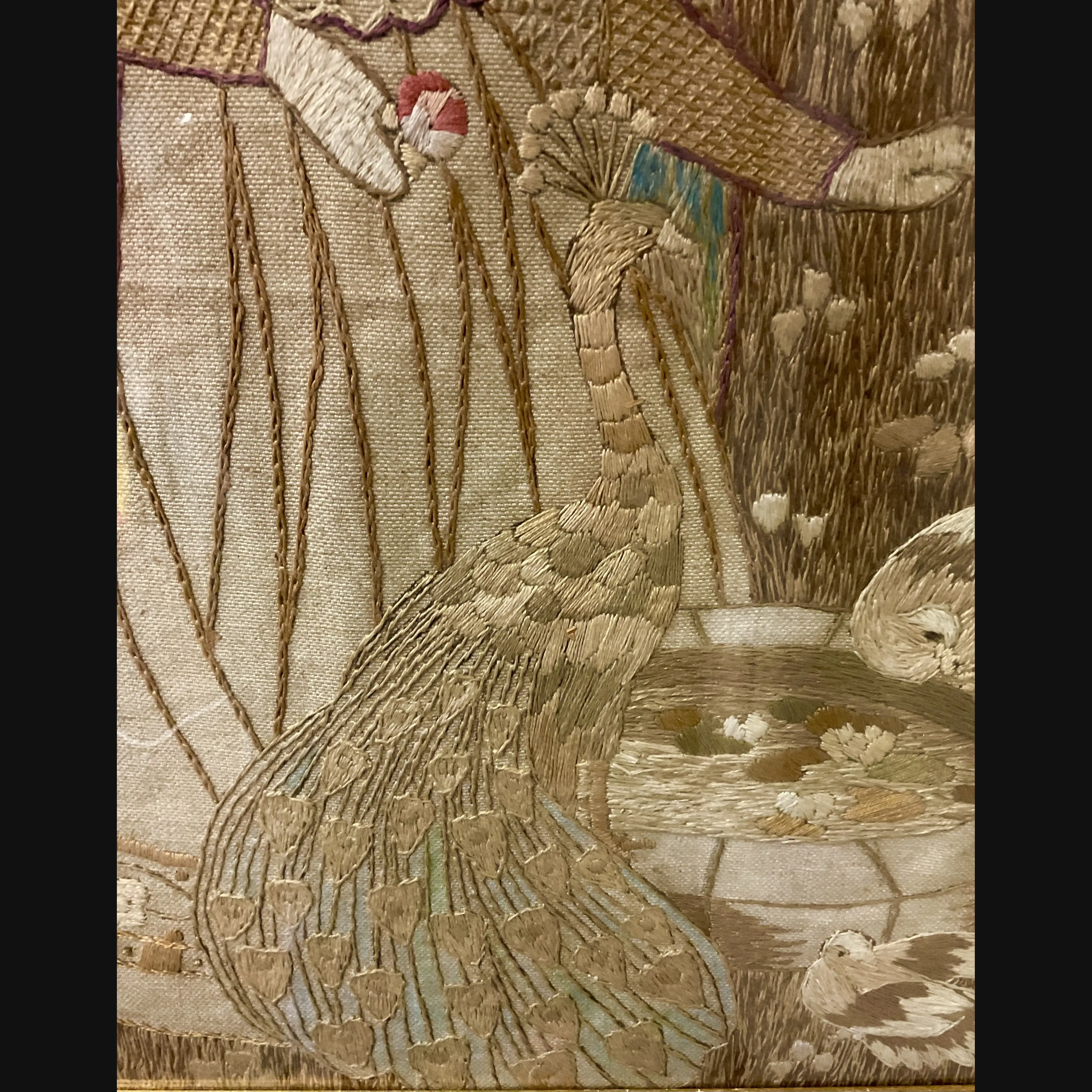 large glasgow school glasgow style scottish arts and crafts embroidery lady at the well with peacock and doves after helen lamb c1900