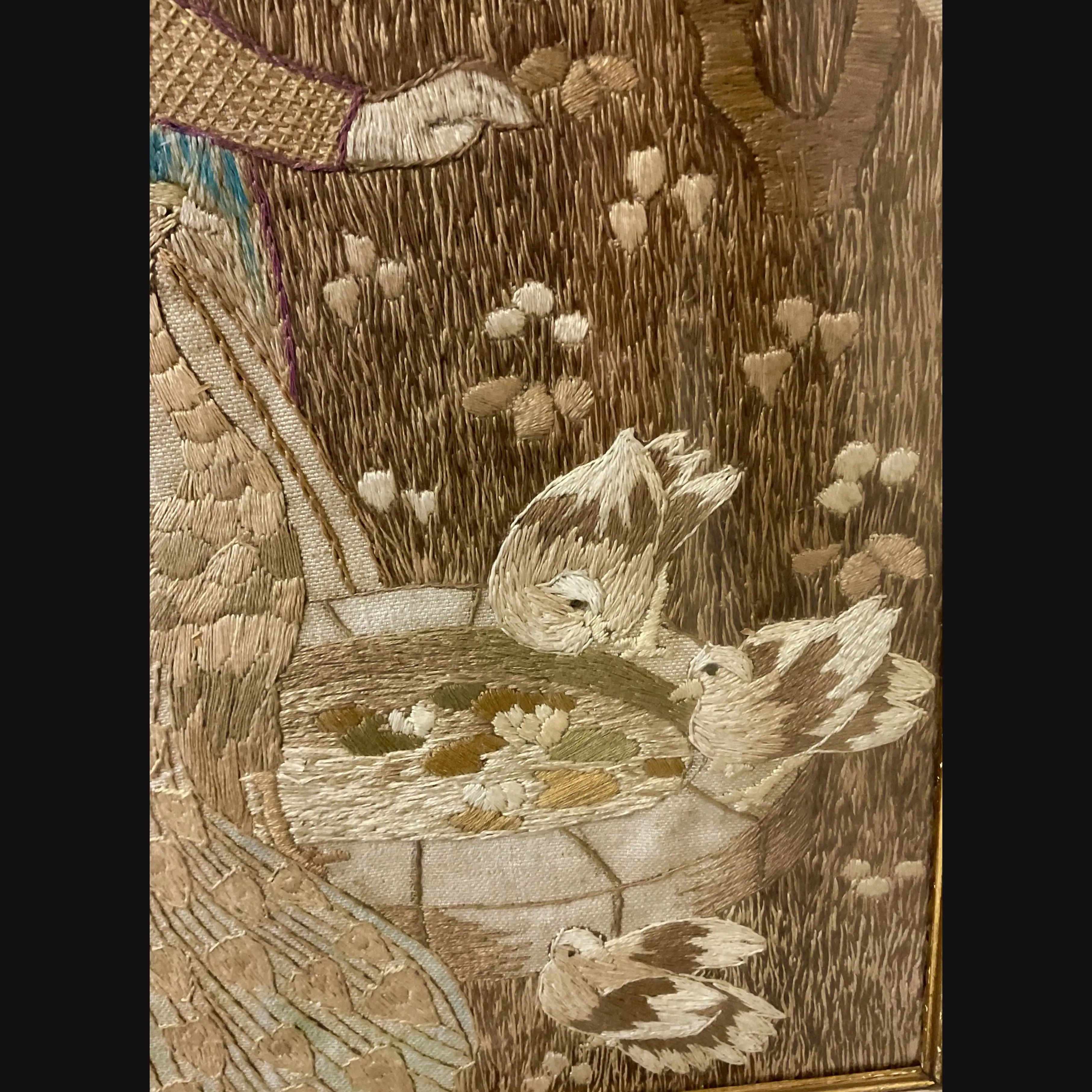 large glasgow school glasgow style scottish arts and crafts embroidery lady at the well with peacock and doves after helen lamb c1900