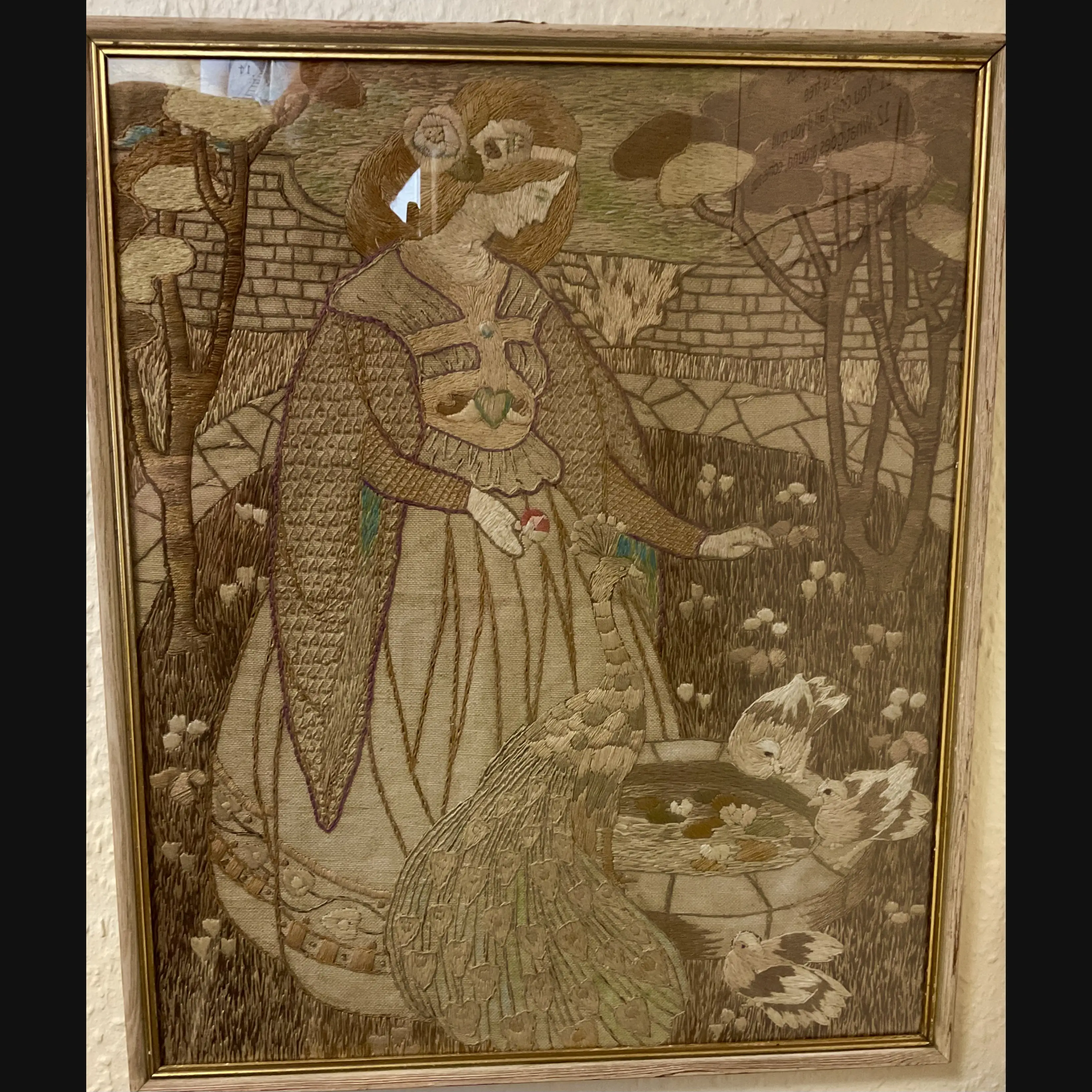 large glasgow school glasgow style scottish arts and crafts embroidery lady at the well with peacock and doves after helen lamb c1900