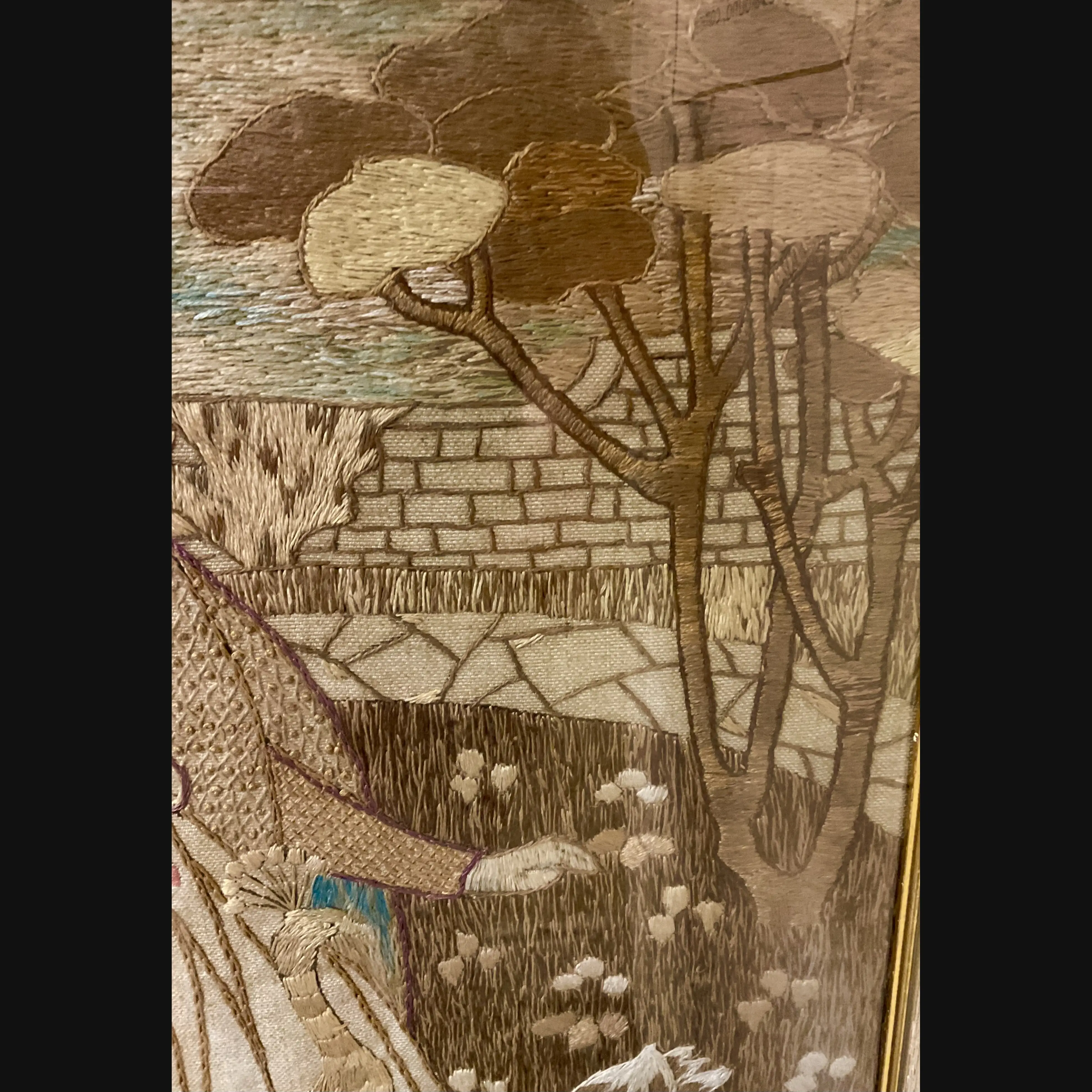 large glasgow school glasgow style scottish arts and crafts embroidery lady at the well with peacock and doves after helen lamb c1900