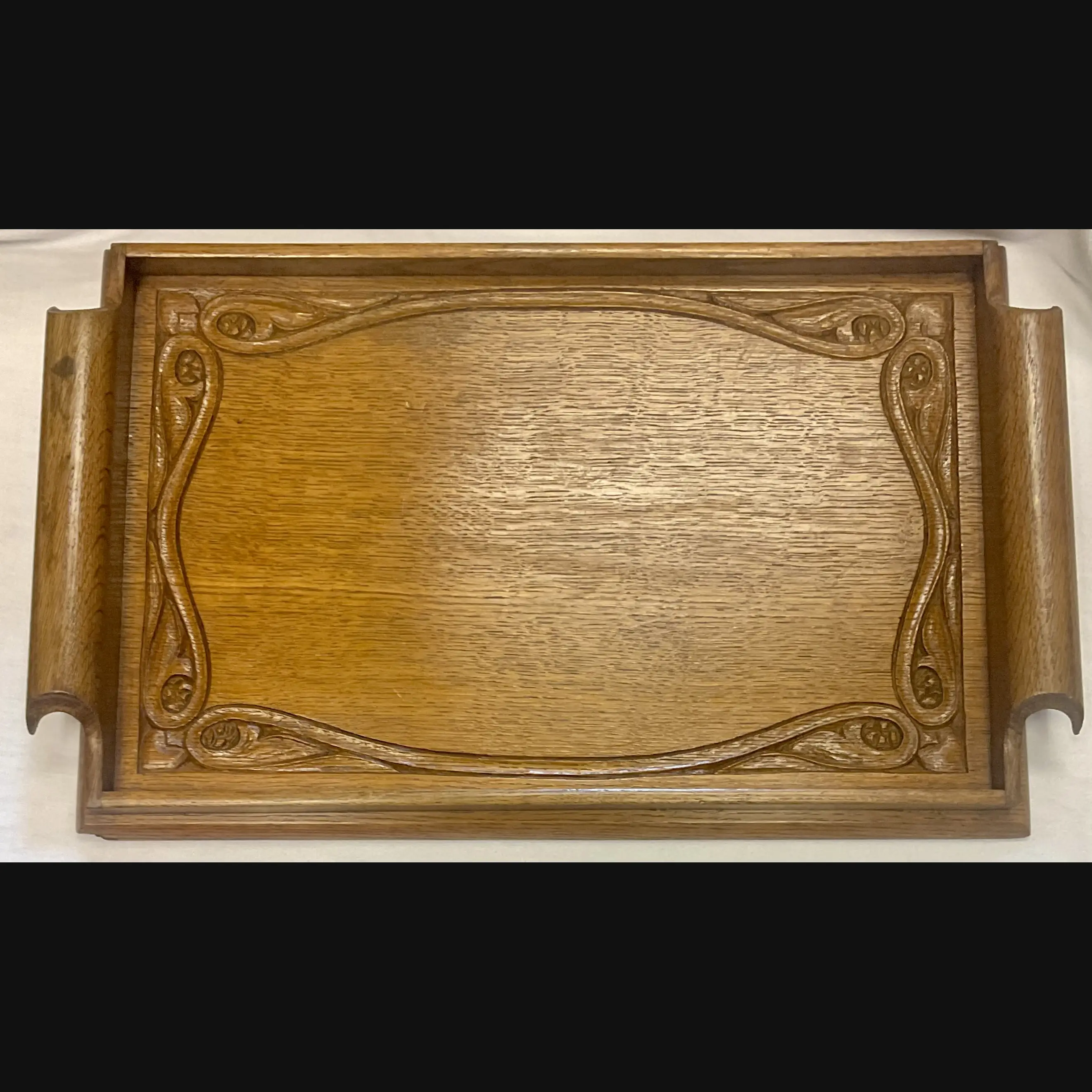 large arts and crafts arthur simpson kendal handicrafts carved oak two handled serving tray