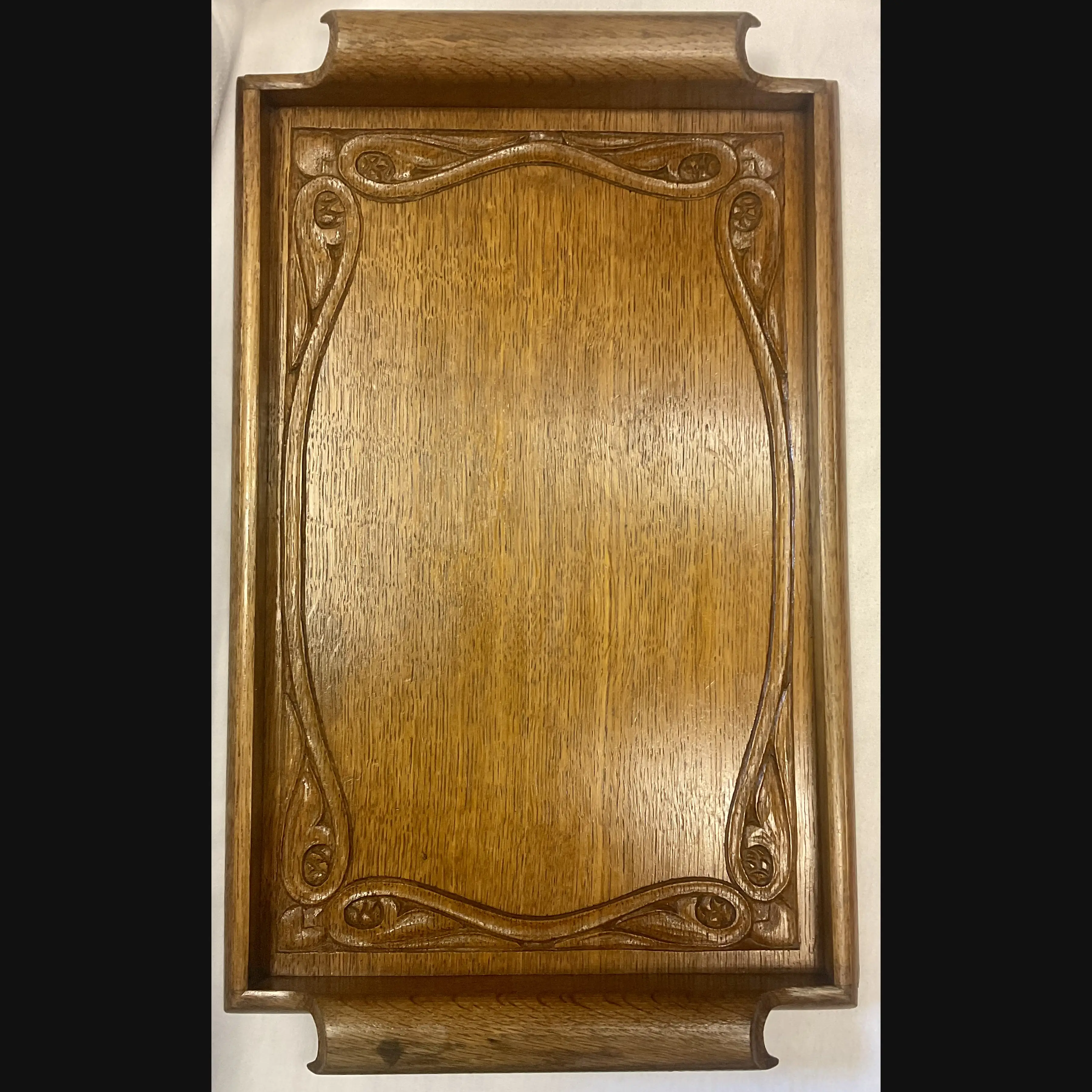 large arts and crafts arthur simpson kendal handicrafts carved oak two handled serving tray