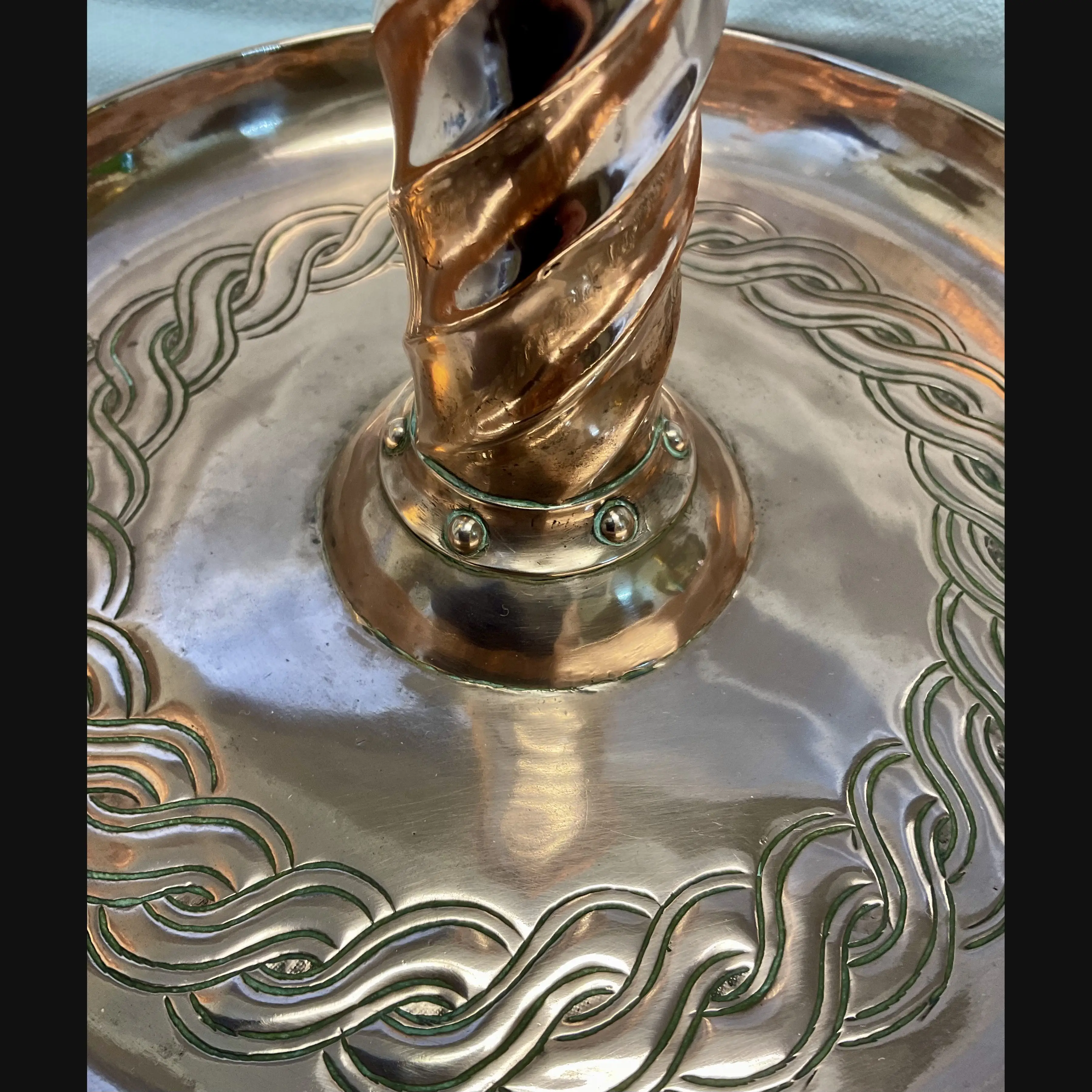 keswick school of industrial art ksia arts and crafts tall candlestick with caltic scrolls c1910