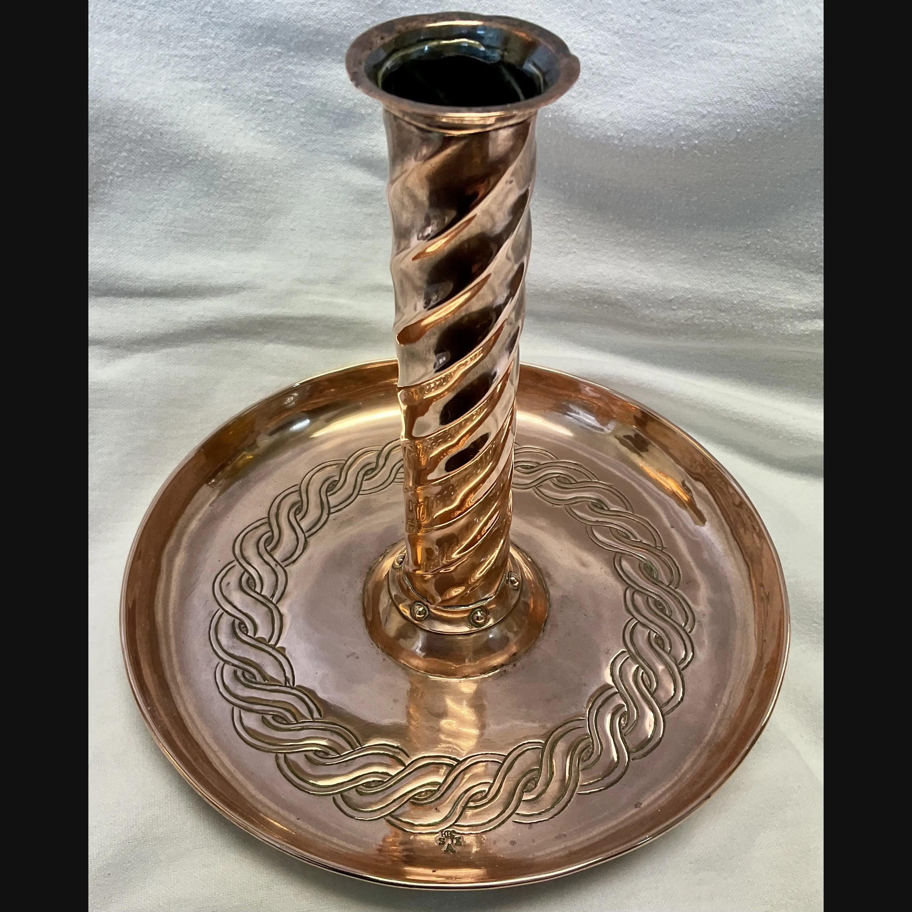 keswick school of industrial art ksia arts and crafts tall candlestick with caltic scrolls c1910