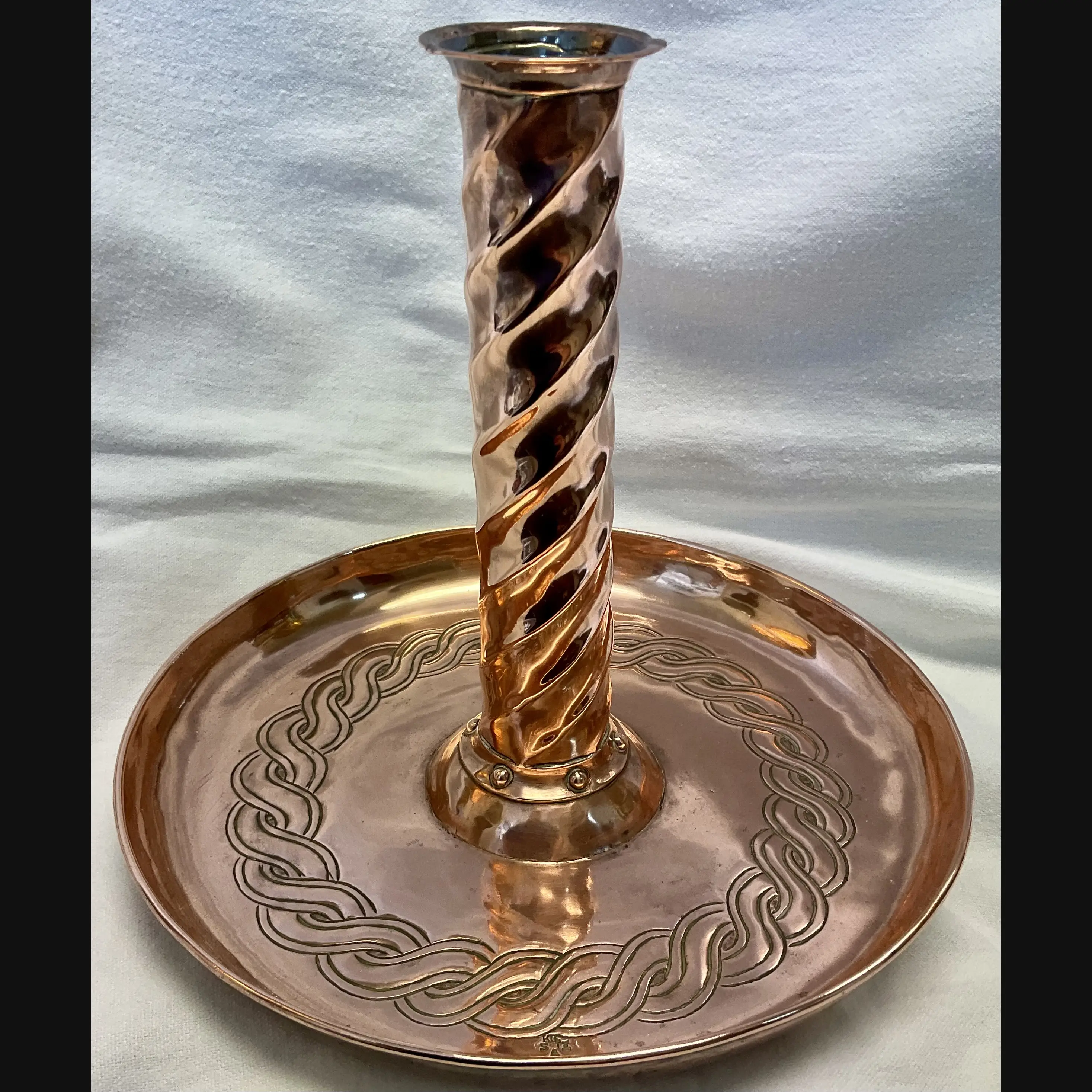 keswick school of industrial art ksia arts and crafts tall candlestick with caltic scrolls c1910