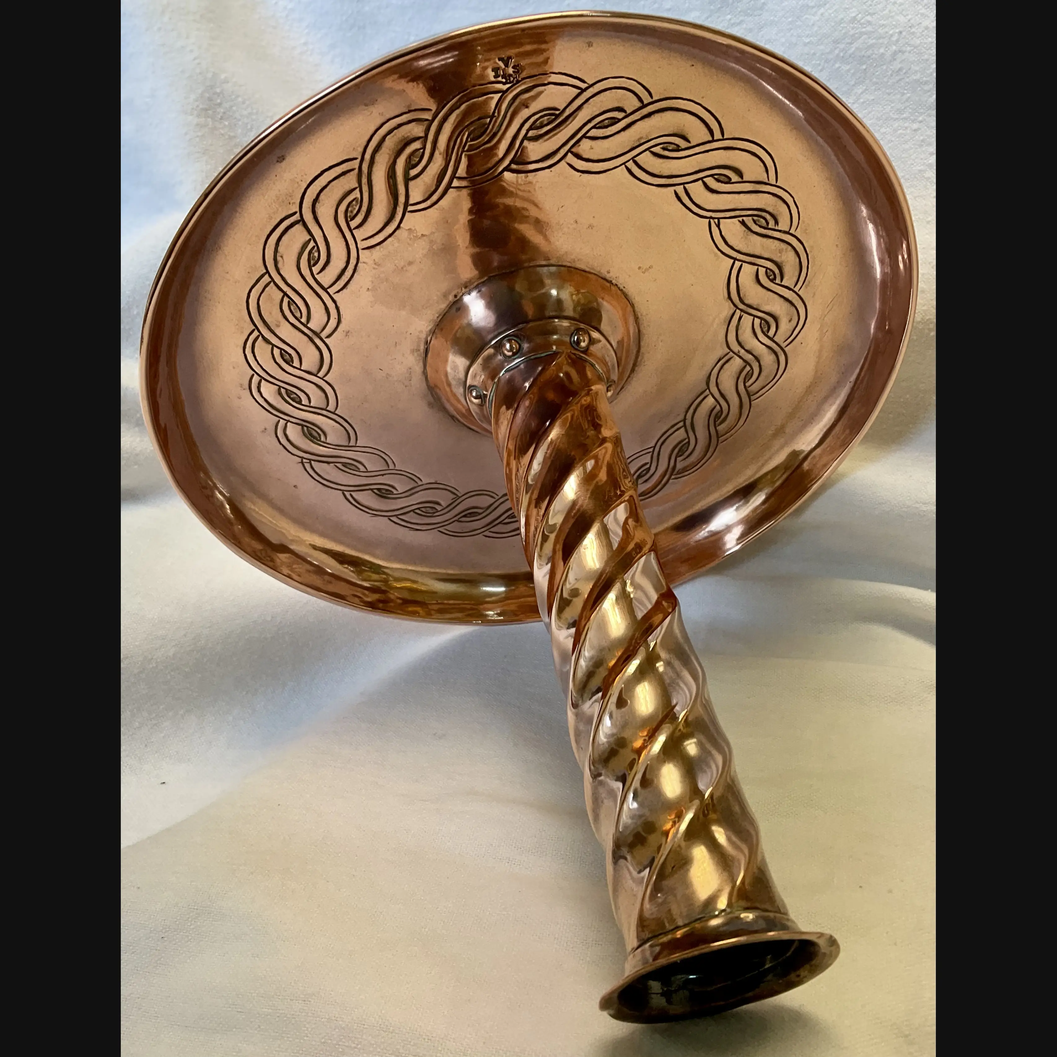 keswick school of industrial art ksia arts and crafts tall candlestick with caltic scrolls c1910