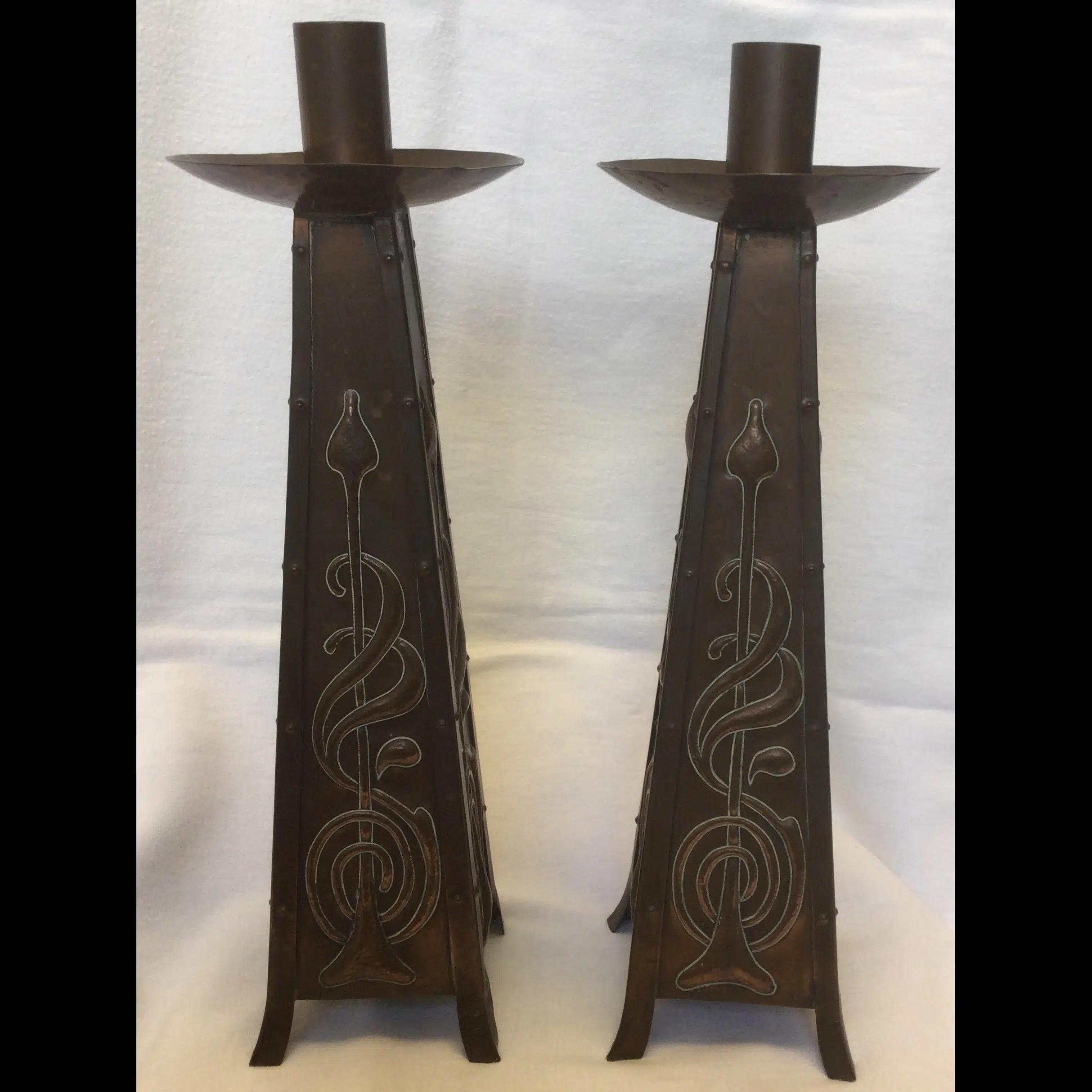 arts and crafts art nouveau tapered copper candlesticks