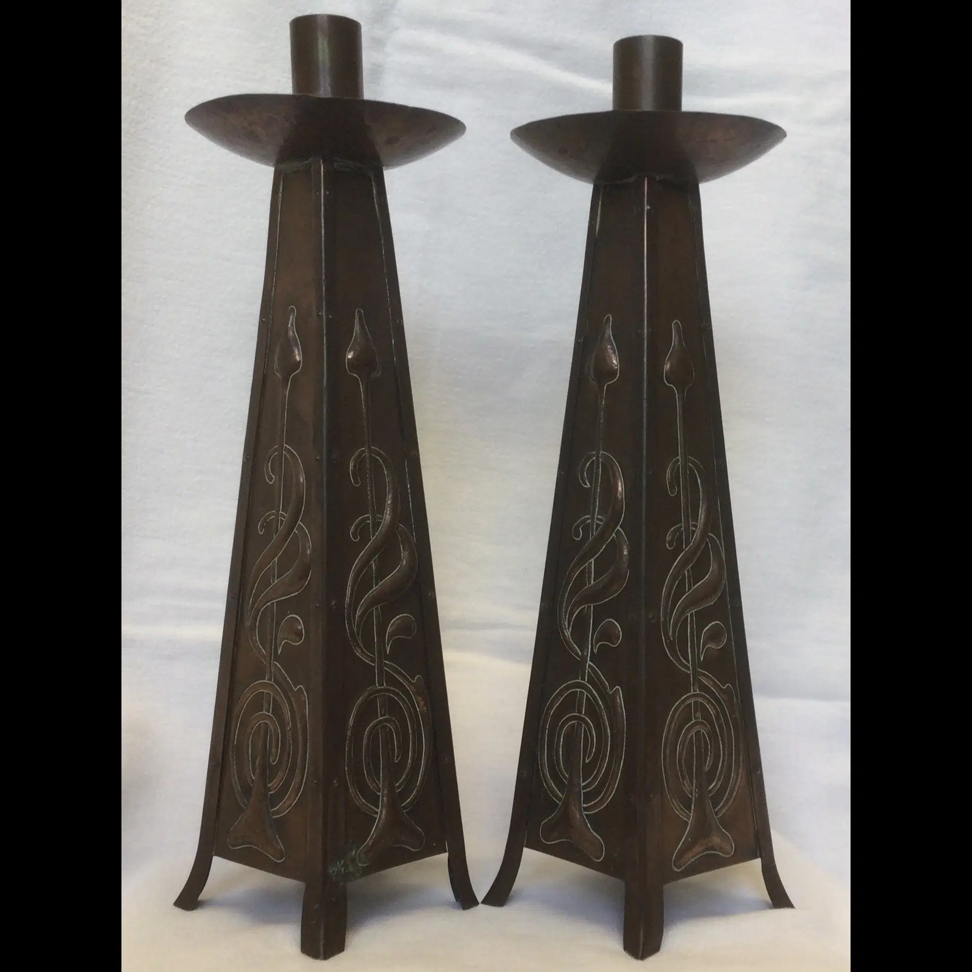 arts and crafts art nouveau tapered copper candlesticks