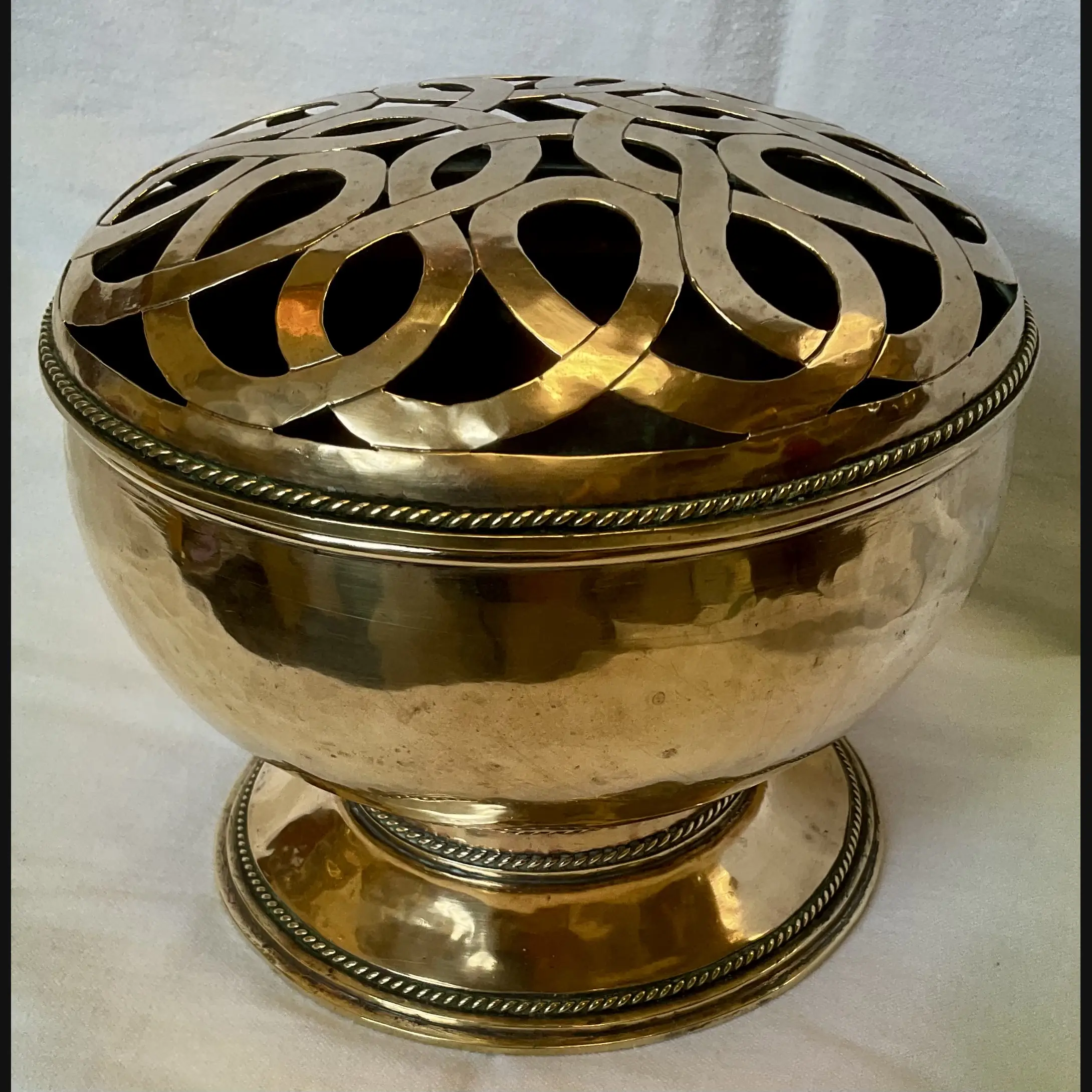 arts and crafts brass rose bowl with pierced celtic cover and elaborate wire work c19100 10