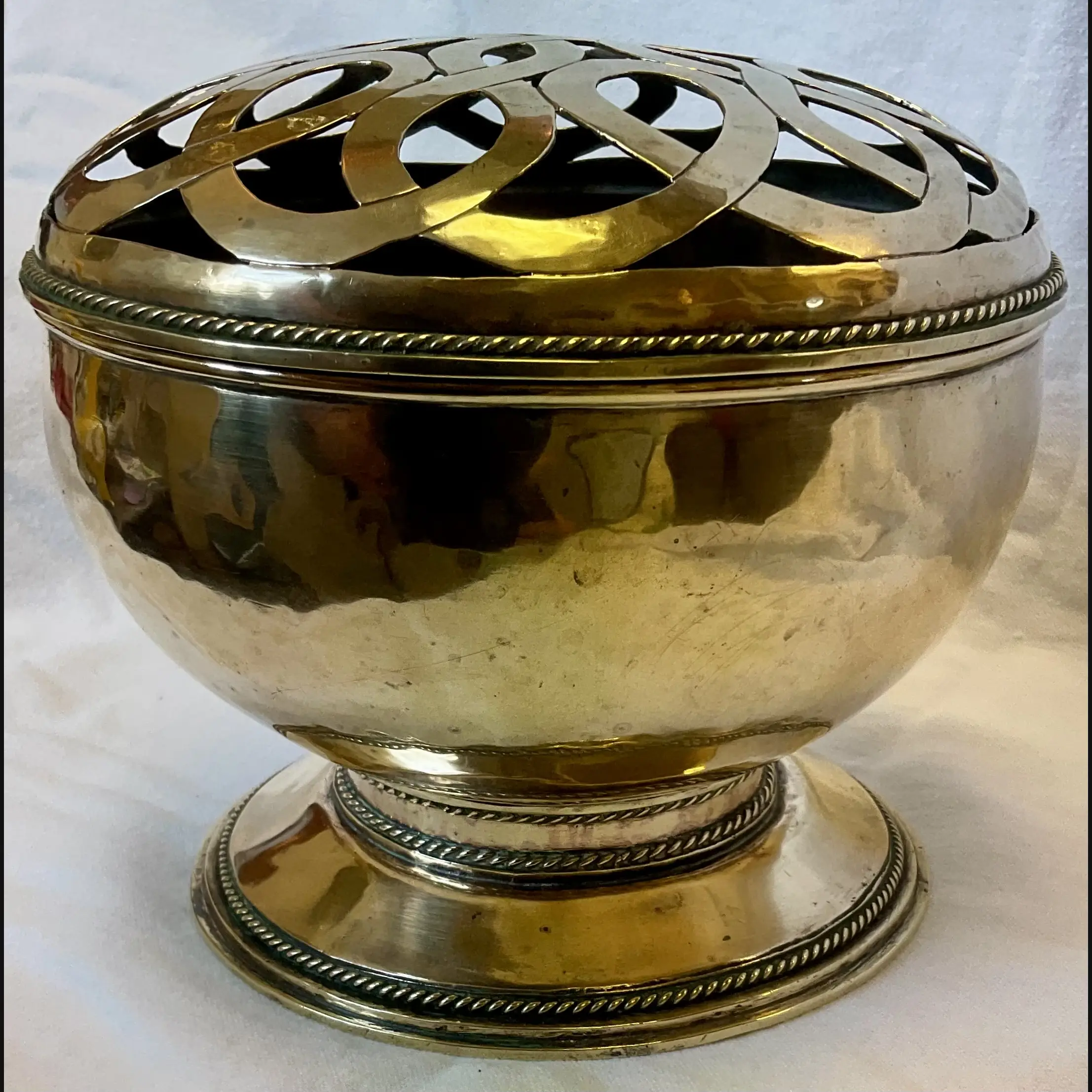 arts and crafts brass rose bowl with pierced celtic cover and elaborate wire work c19100 10