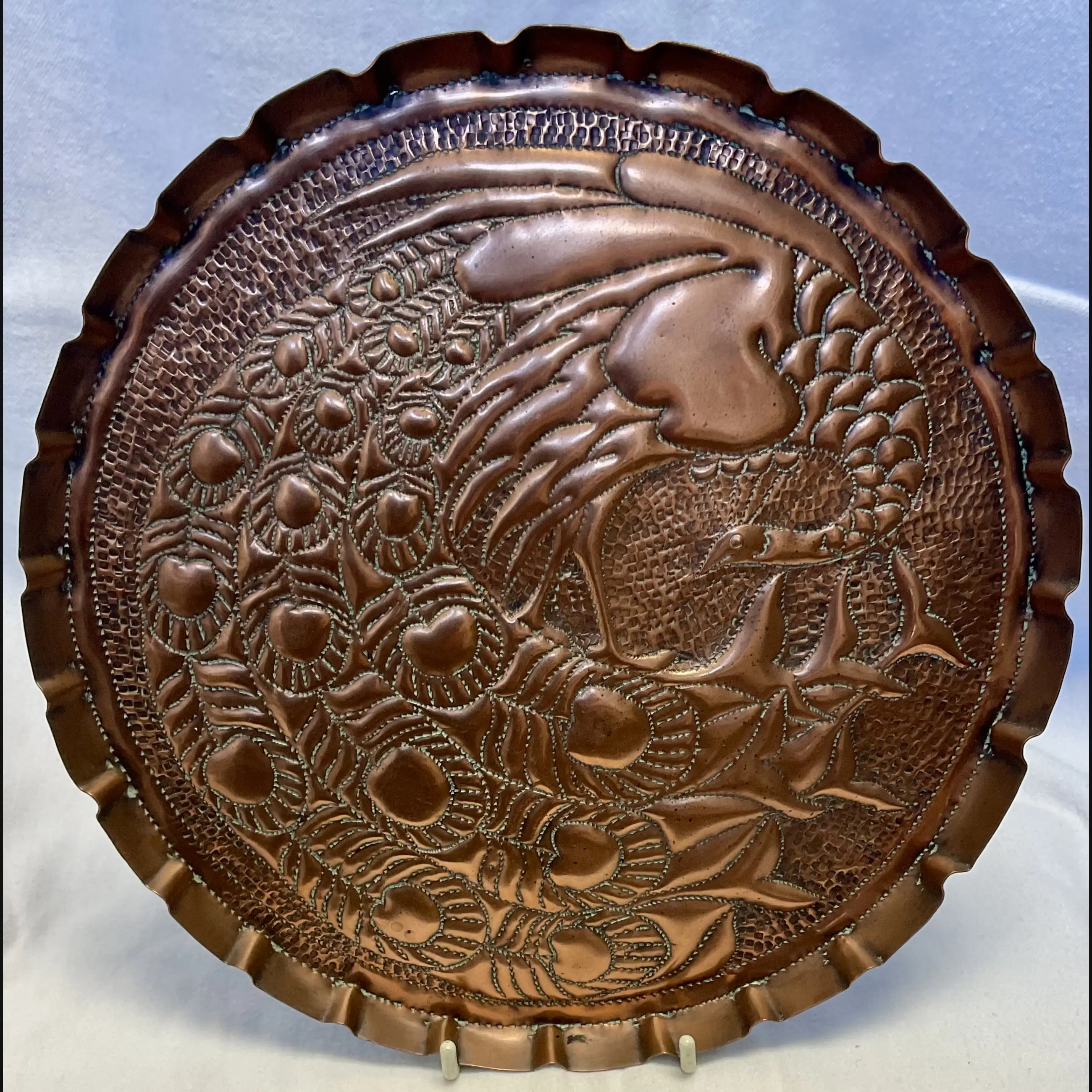 newton industrial class cambridge arts and crafts large copper card tray with peacock two