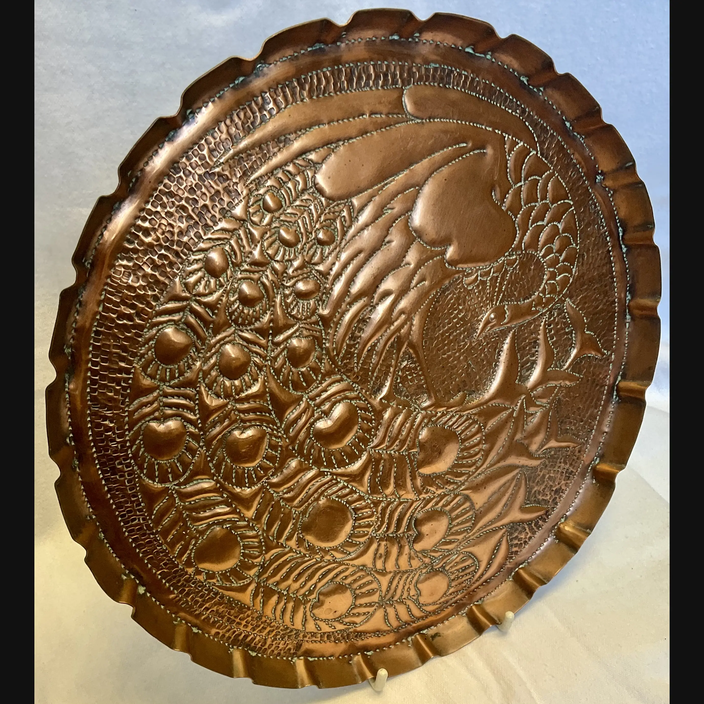 newton industrial class cambridge arts and crafts large copper card tray with peacock two