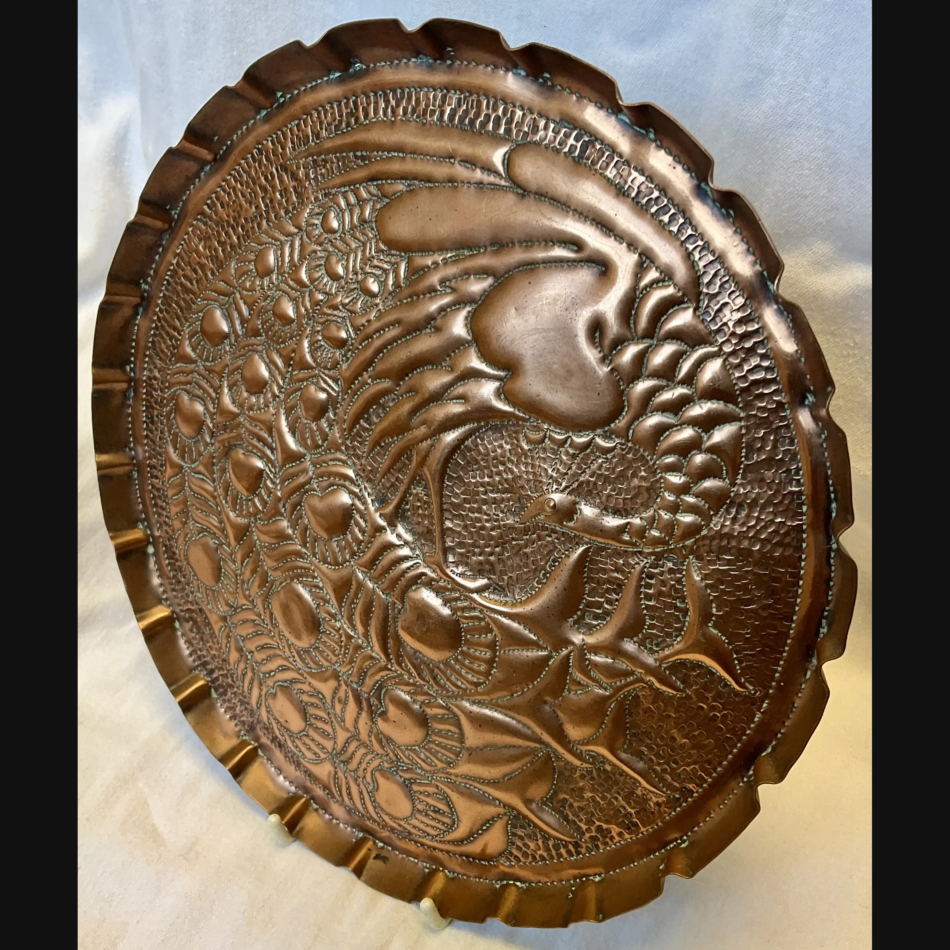 newton industrial class cambridge arts and crafts large copper card tray with peacock two