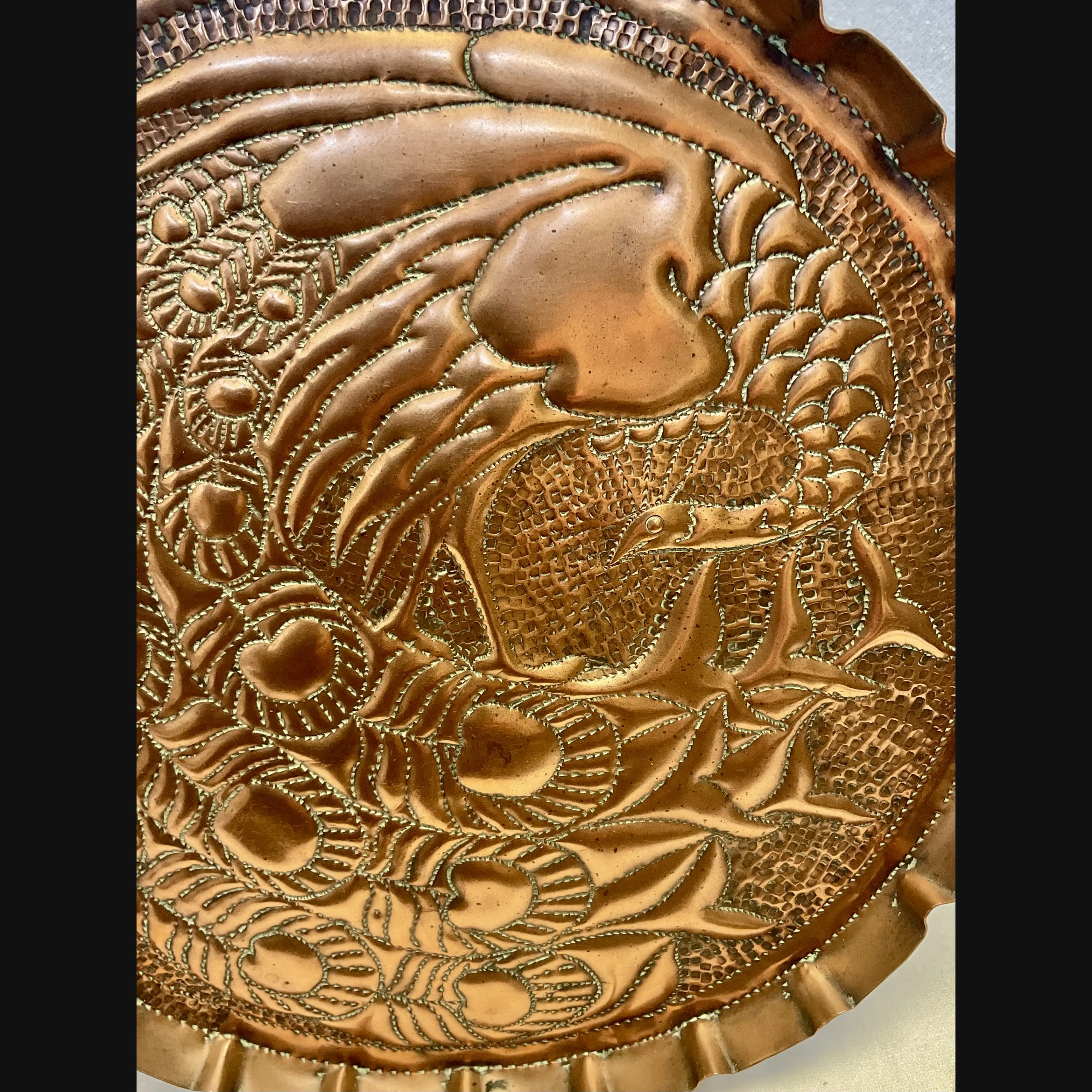 newton industrial class cambridge arts and crafts large copper card tray with peacock two