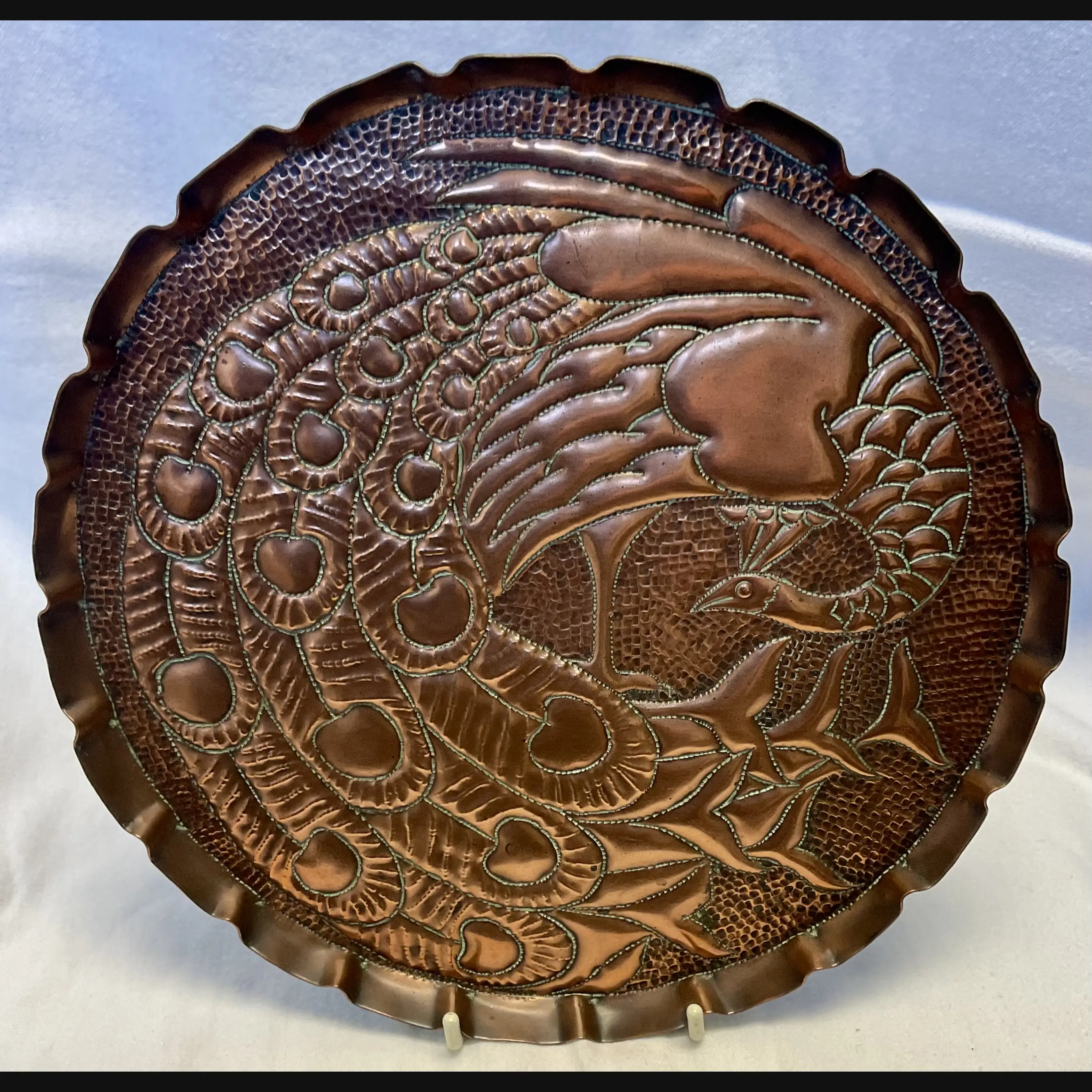 newton industrial class cambridge arts and crafts large copper card tray with peacock one