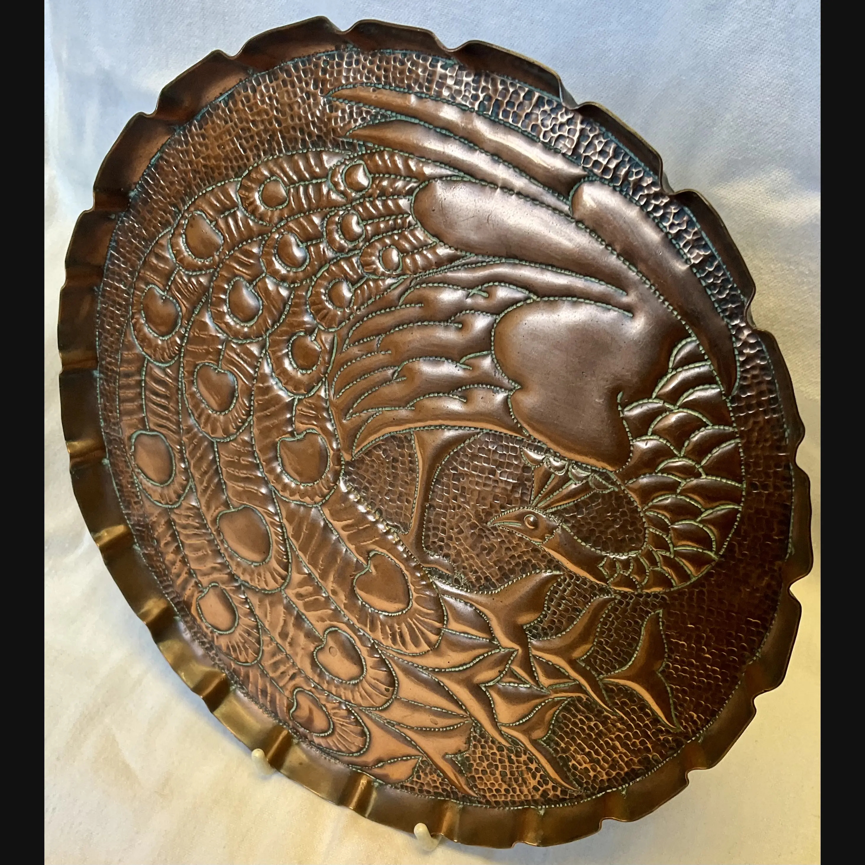 newton industrial class cambridge arts and crafts large copper card tray with peacock one