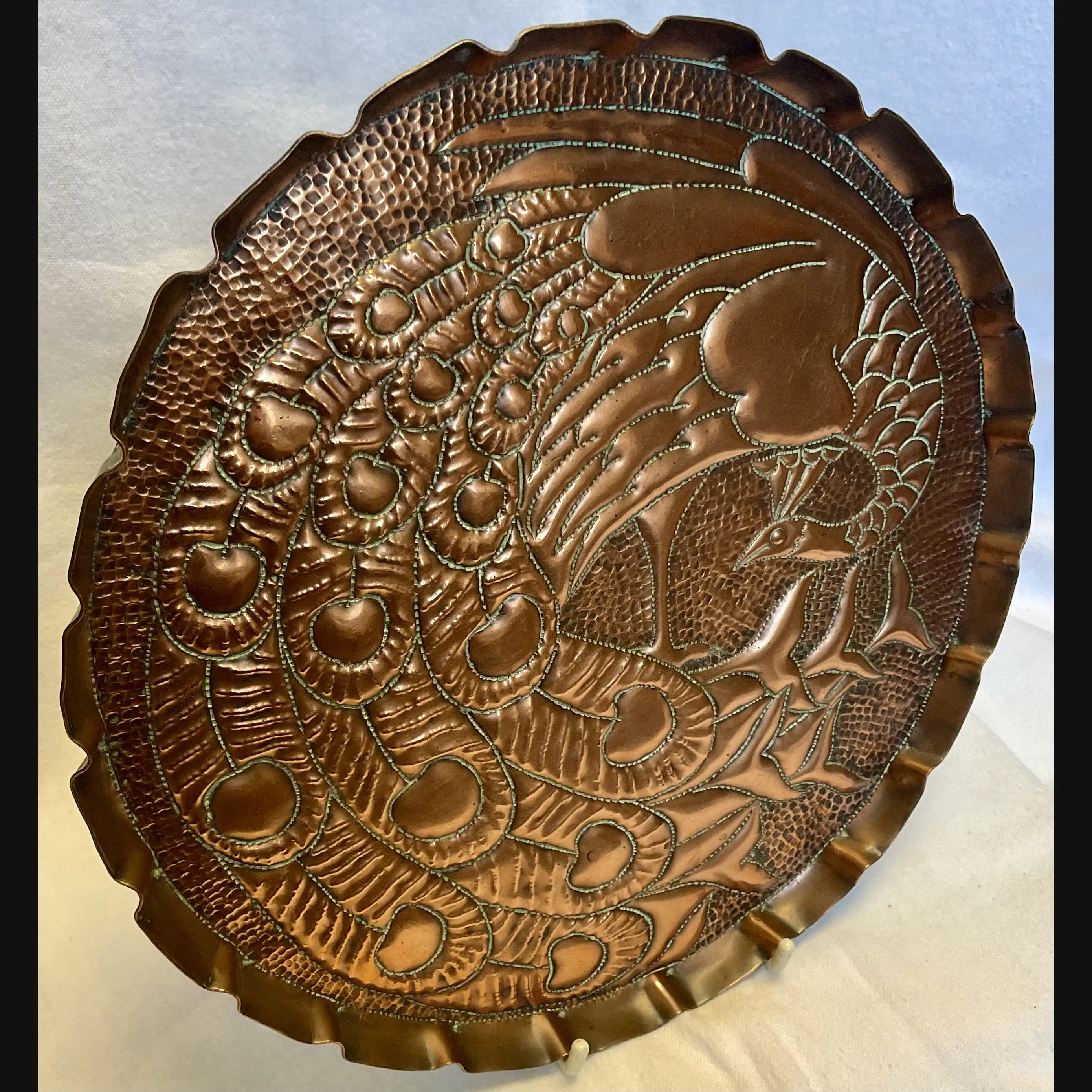 newton industrial class cambridge arts and crafts large copper card tray with peacock one