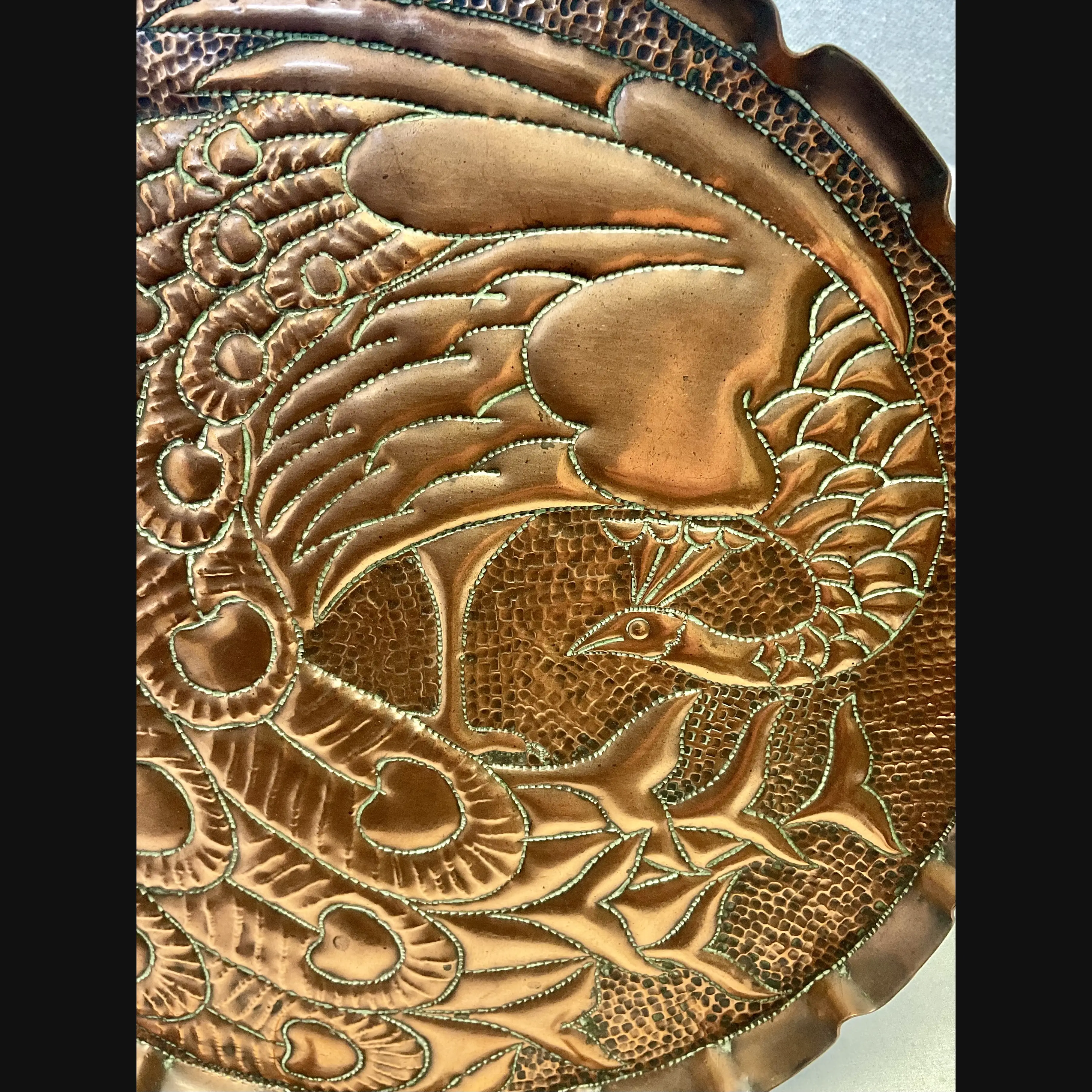 newton industrial class cambridge arts and crafts large copper card tray with peacock one