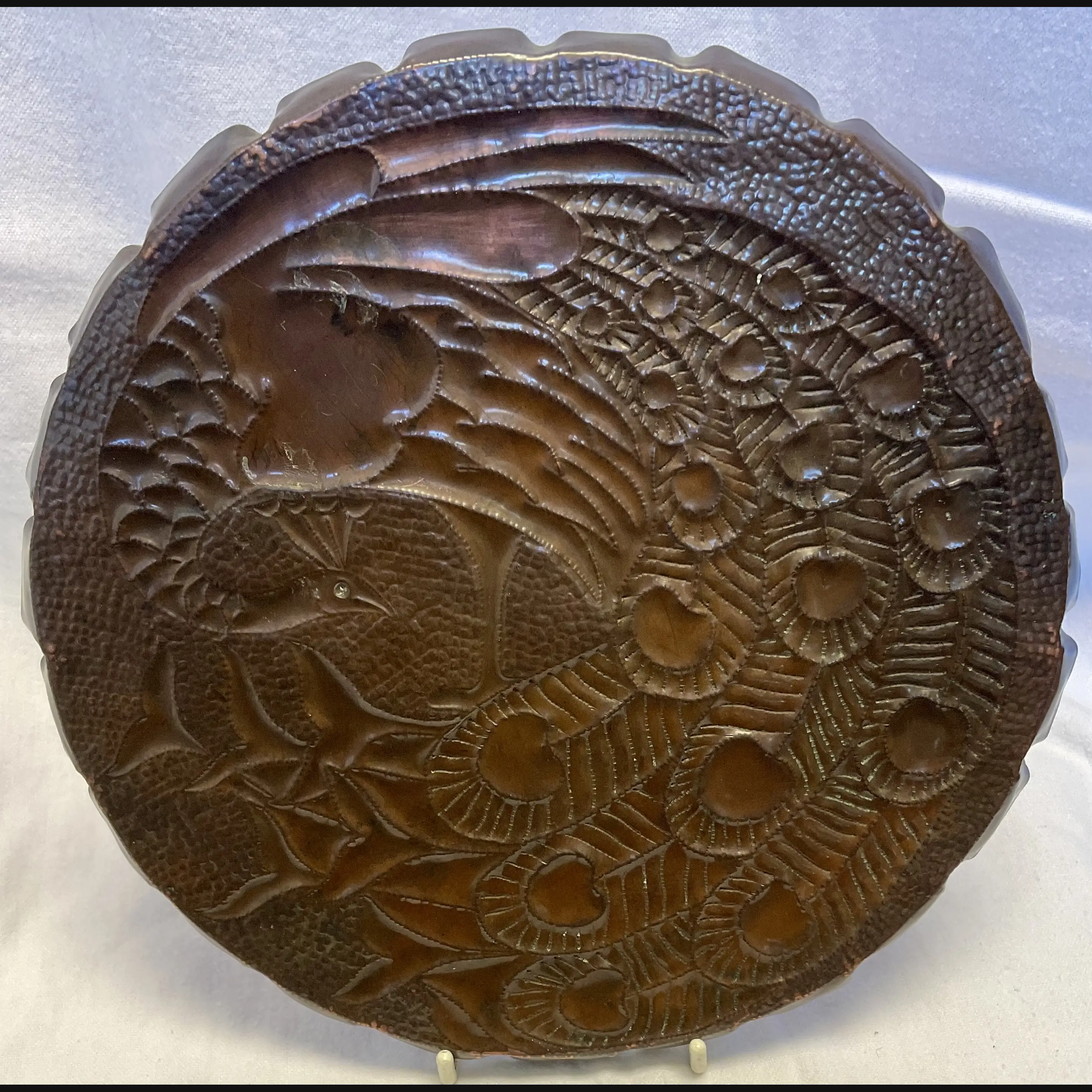 newton industrial class cambridge arts and crafts large copper card tray with peacock one