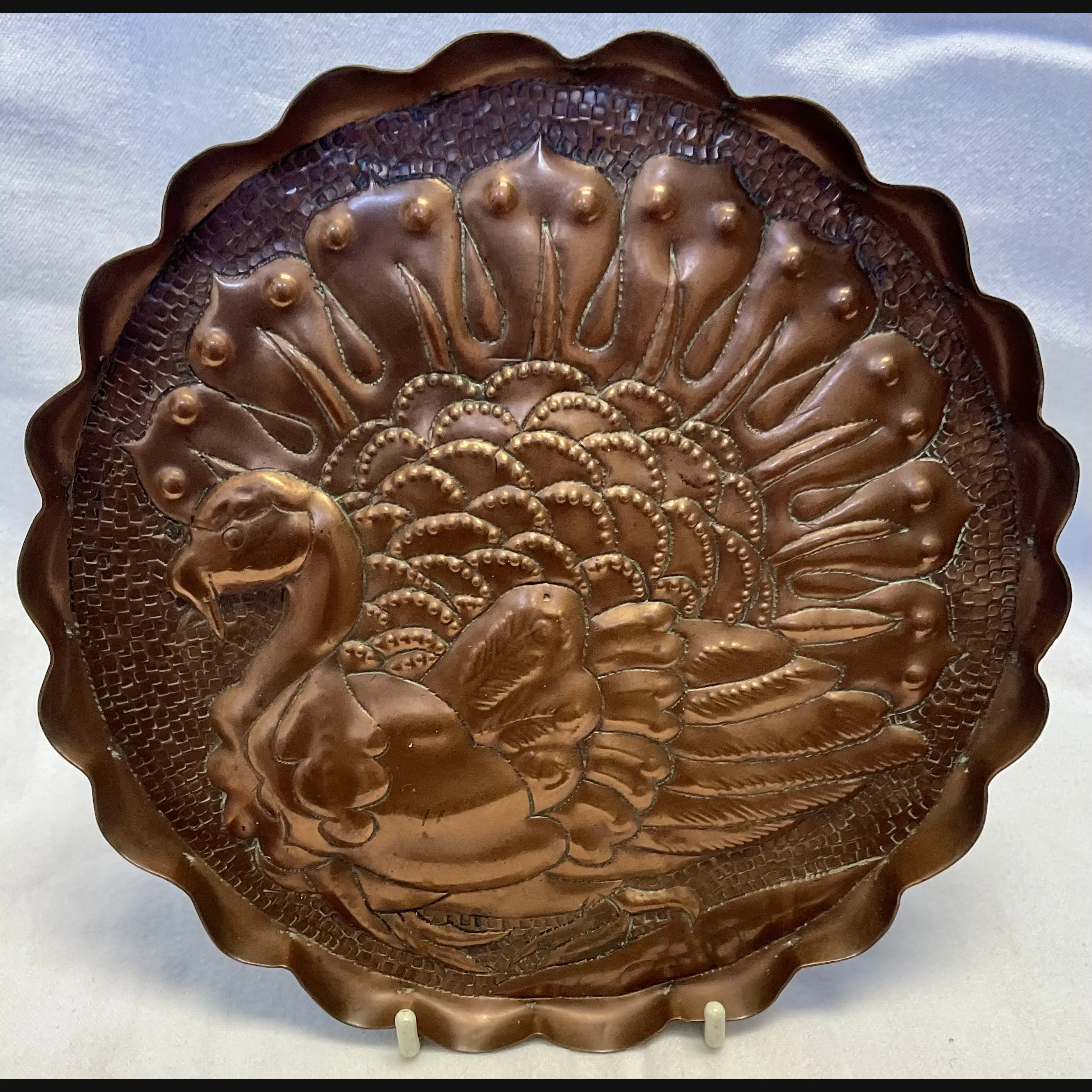 newton industrial class arts and crafts copper card tray decorated with a turkey