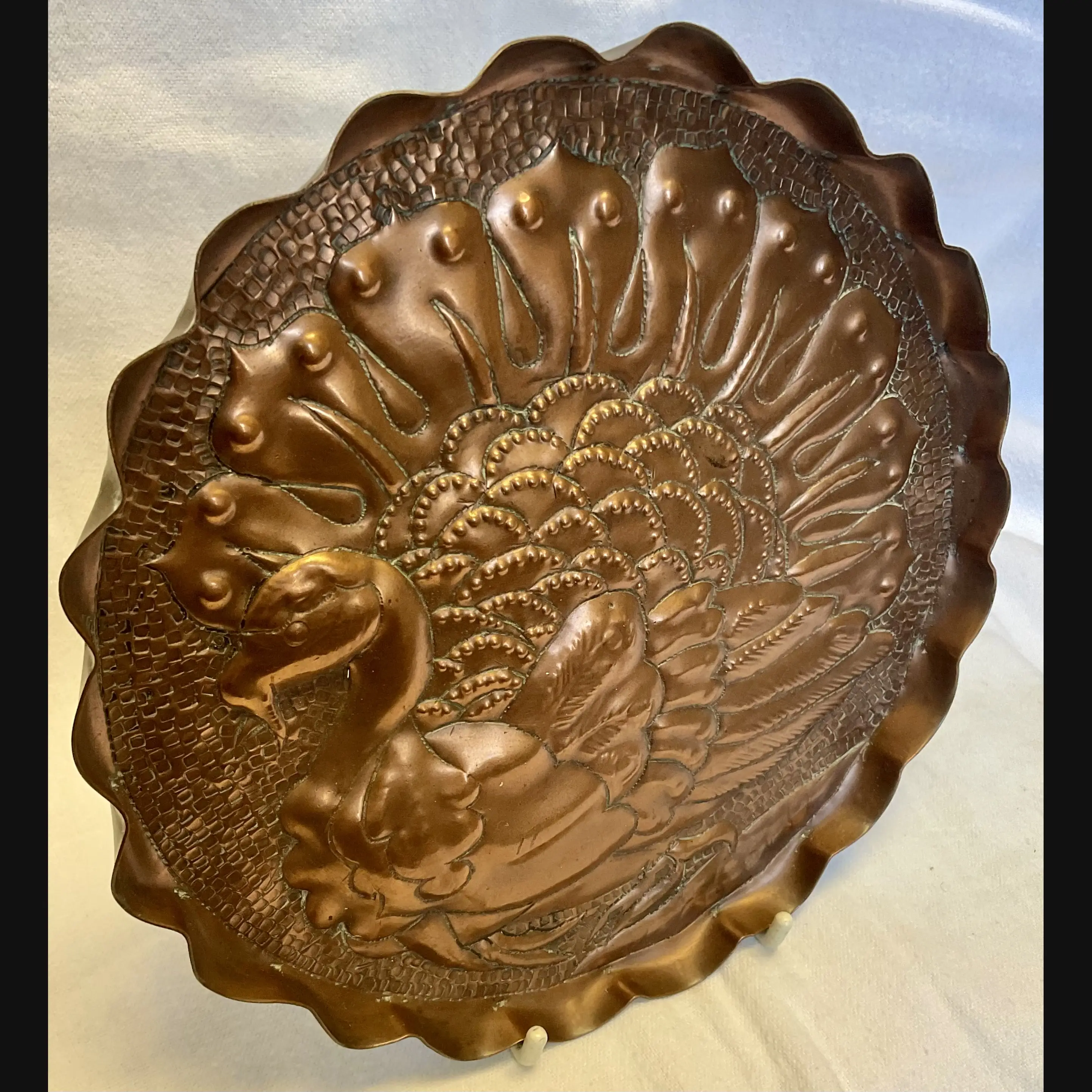 newton industrial class arts and crafts copper card tray decorated with a turkey