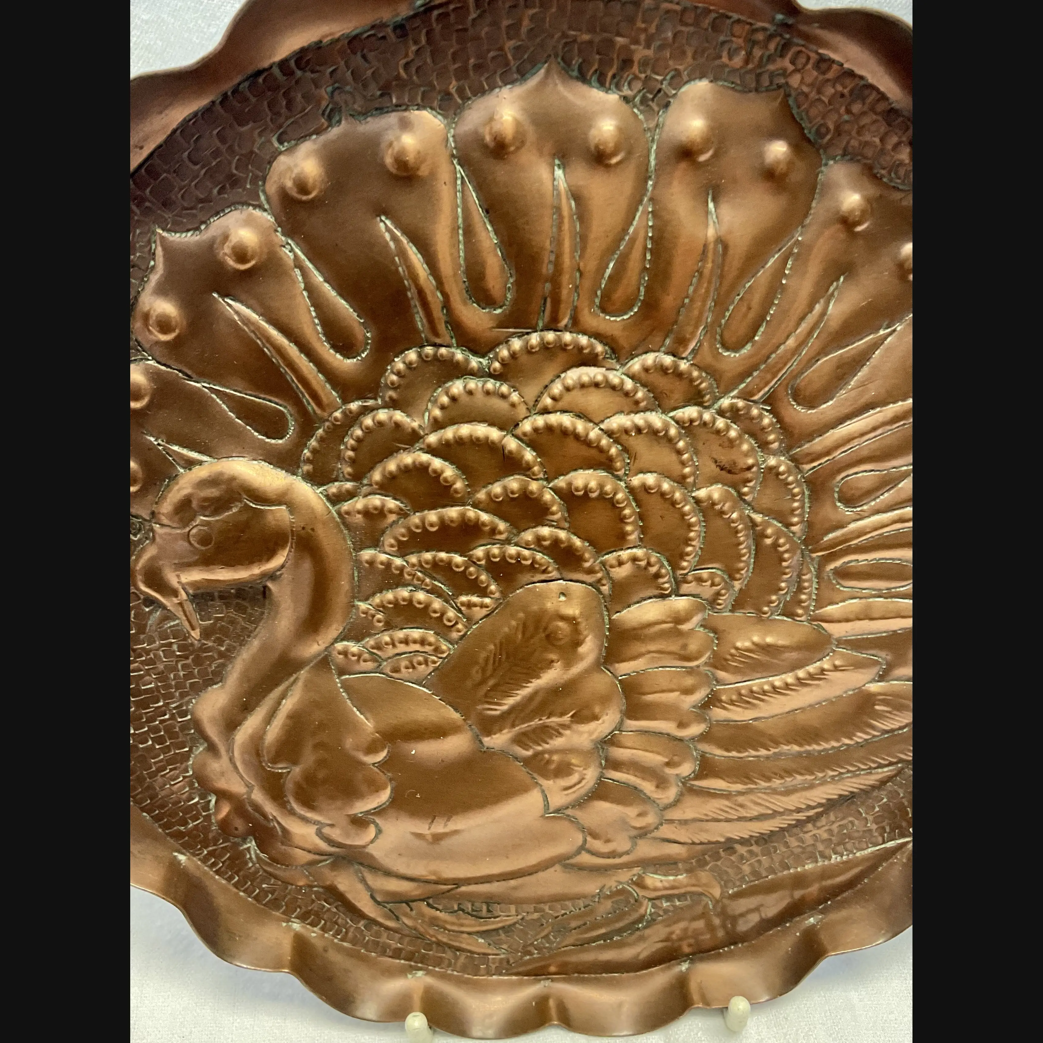 newton industrial class arts and crafts copper card tray decorated with a turkey