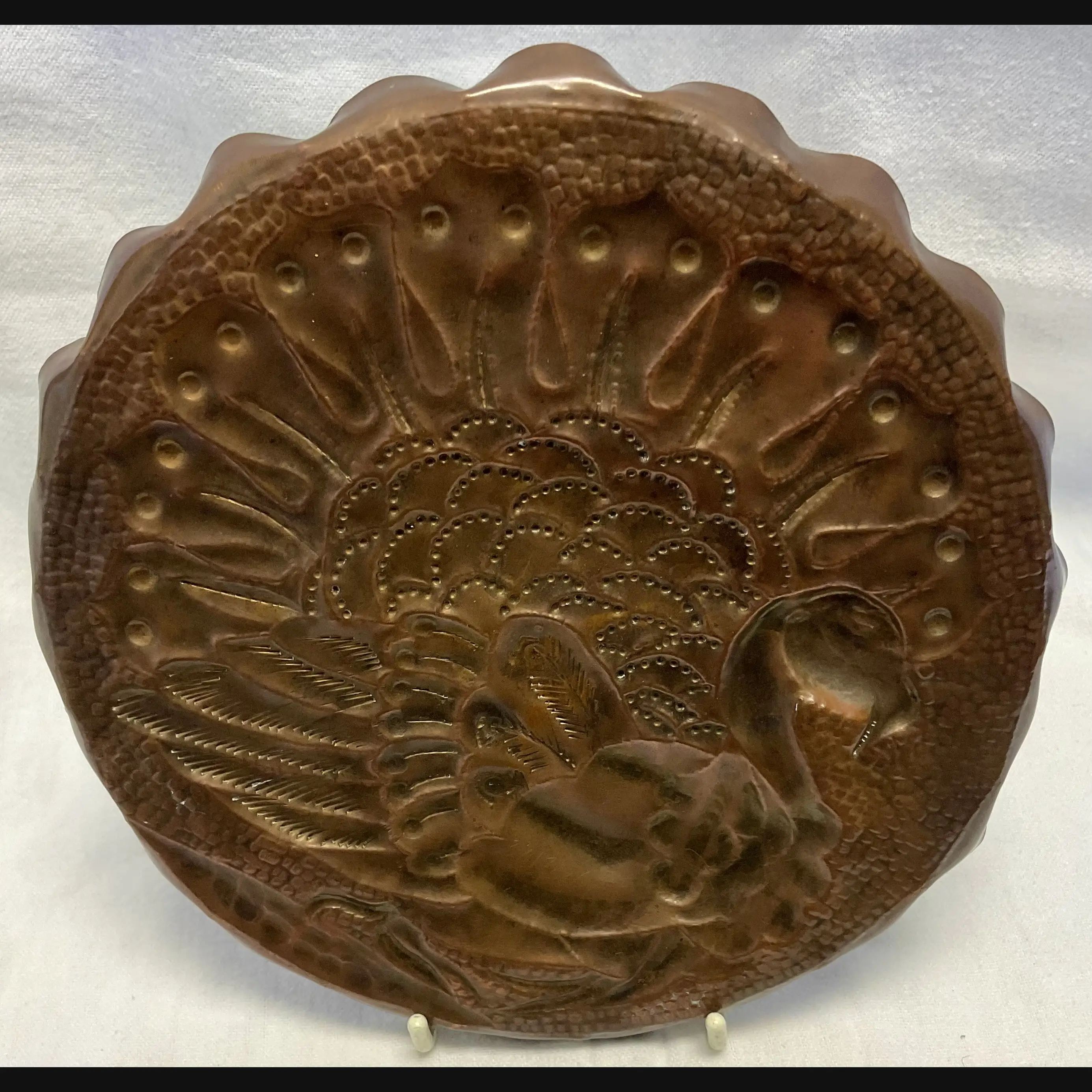 newton industrial class arts and crafts copper card tray decorated with a turkey