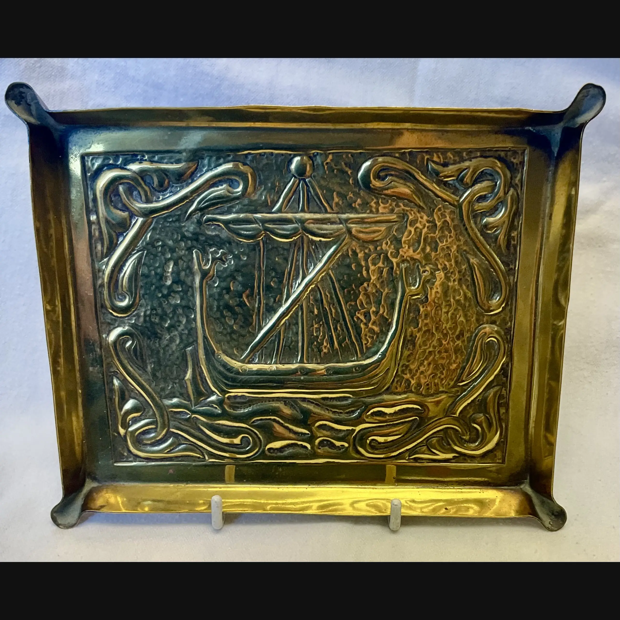 early alexander ritchie iona celtic art card tray with ship and celtic entrelac c1900 05