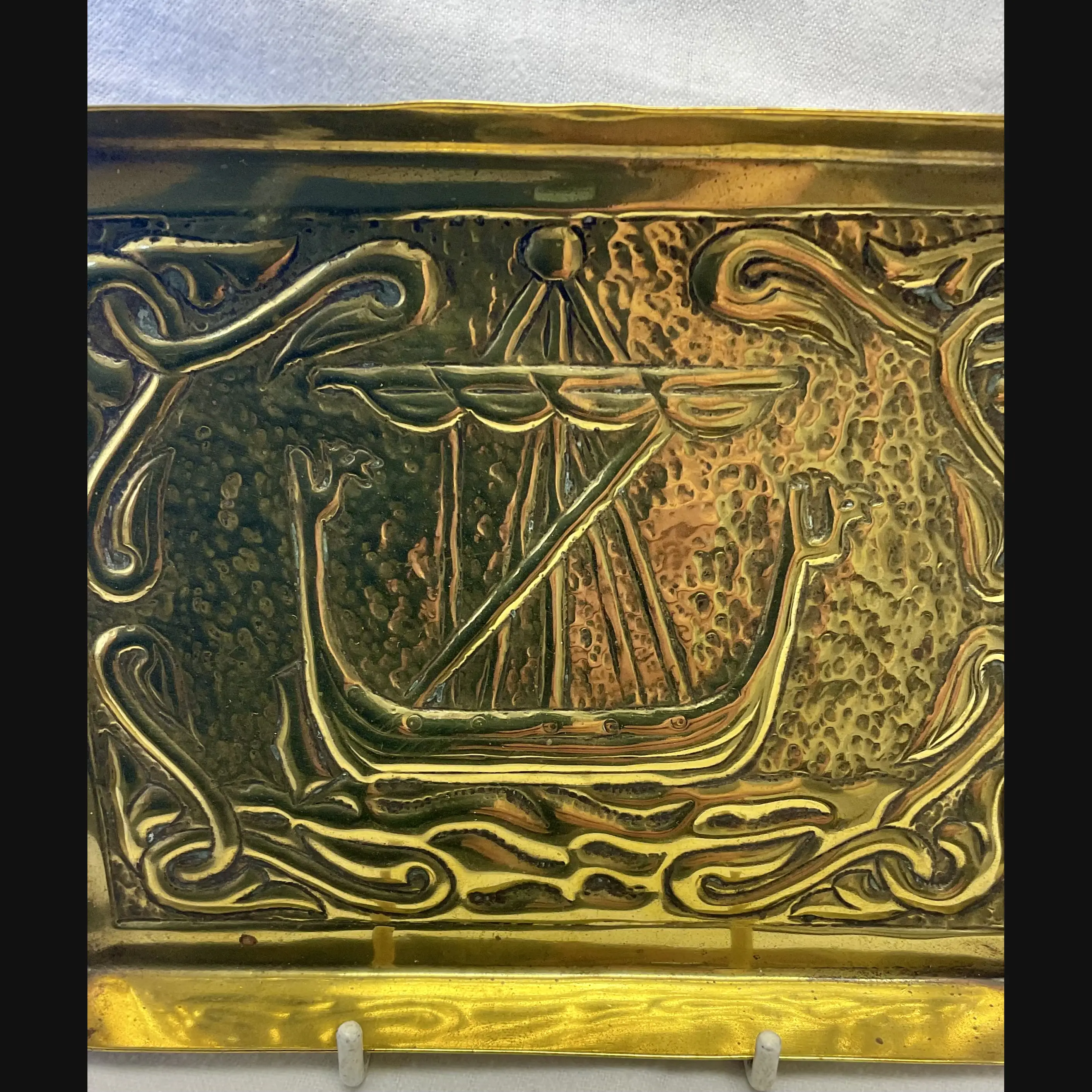 early alexander ritchie iona celtic art card tray with ship and celtic entrelac c1900 05
