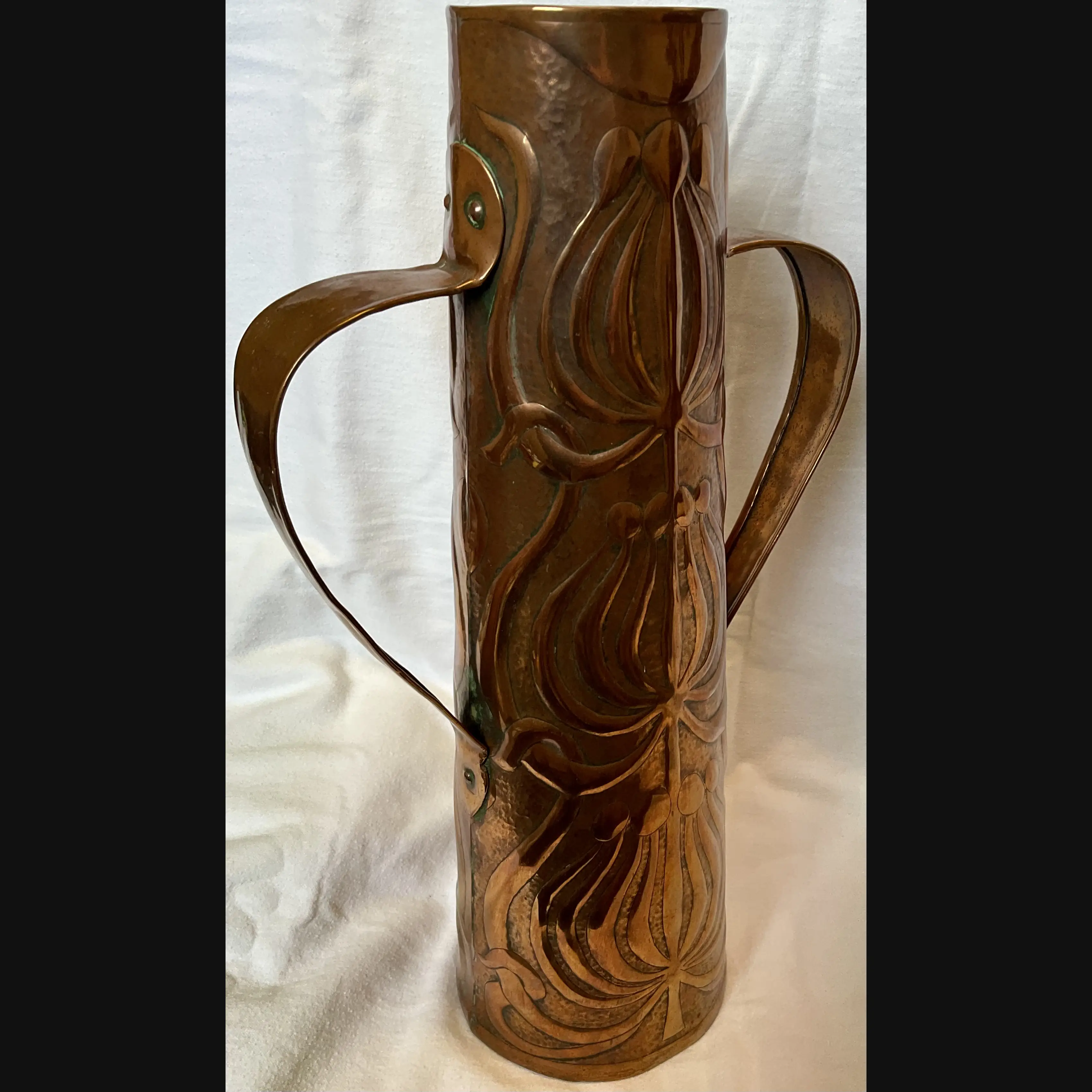 large arts and crafts yattendon metal working class mrs waterhouse des two handled art nouveau copper vase
