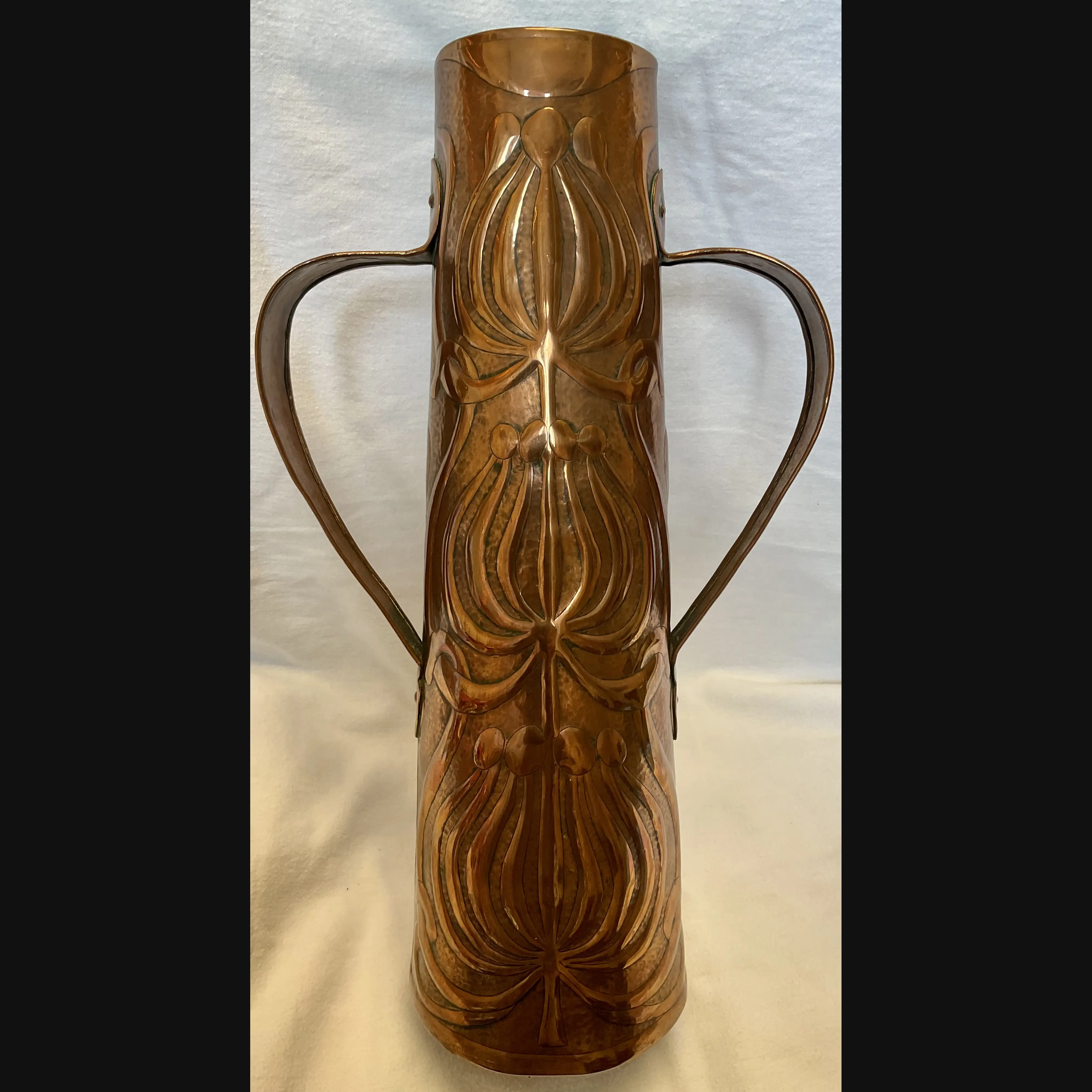 large arts and crafts yattendon metal working class mrs waterhouse des two handled art nouveau copper vase