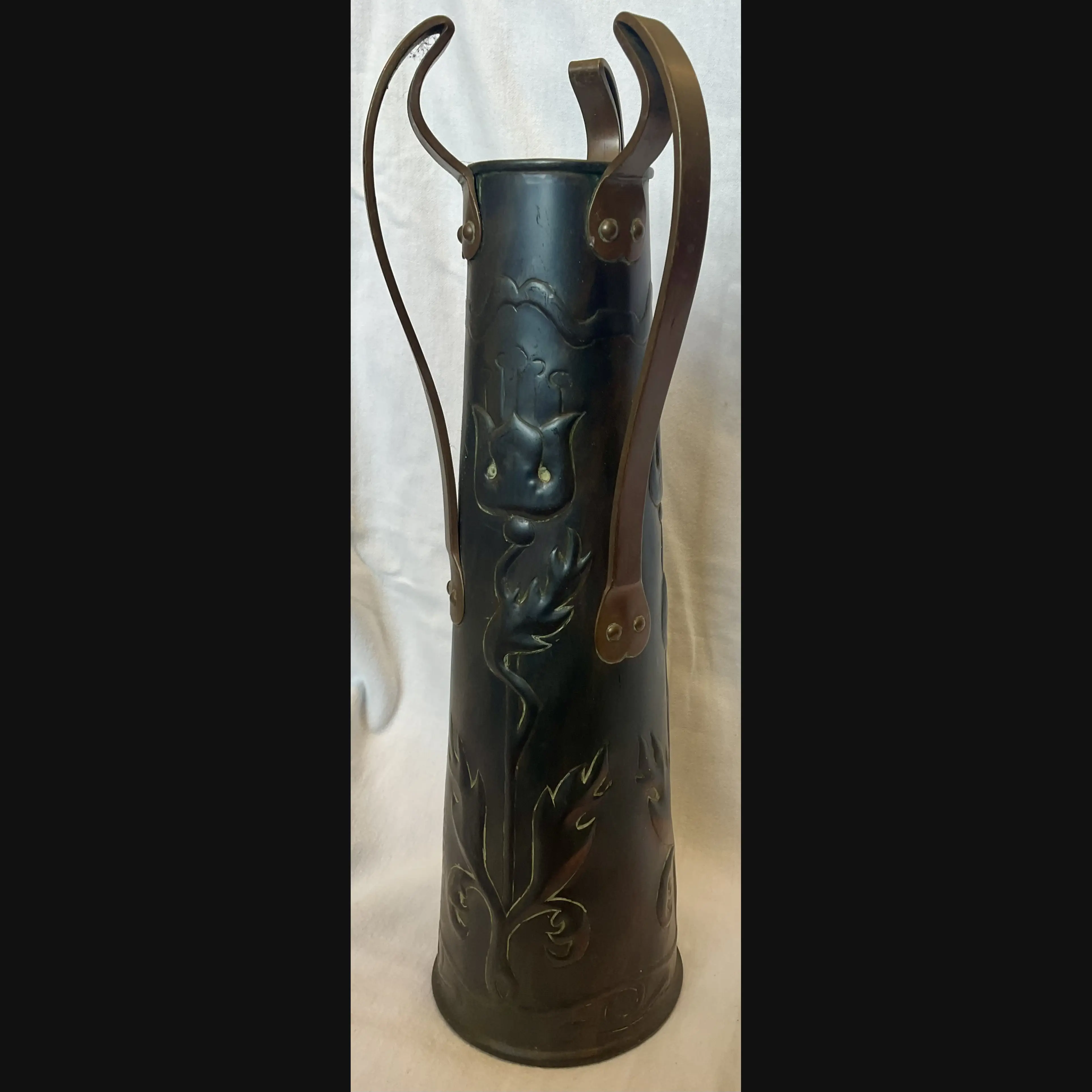 ickleford industrial class arts and crafts three handled copper vase c1910