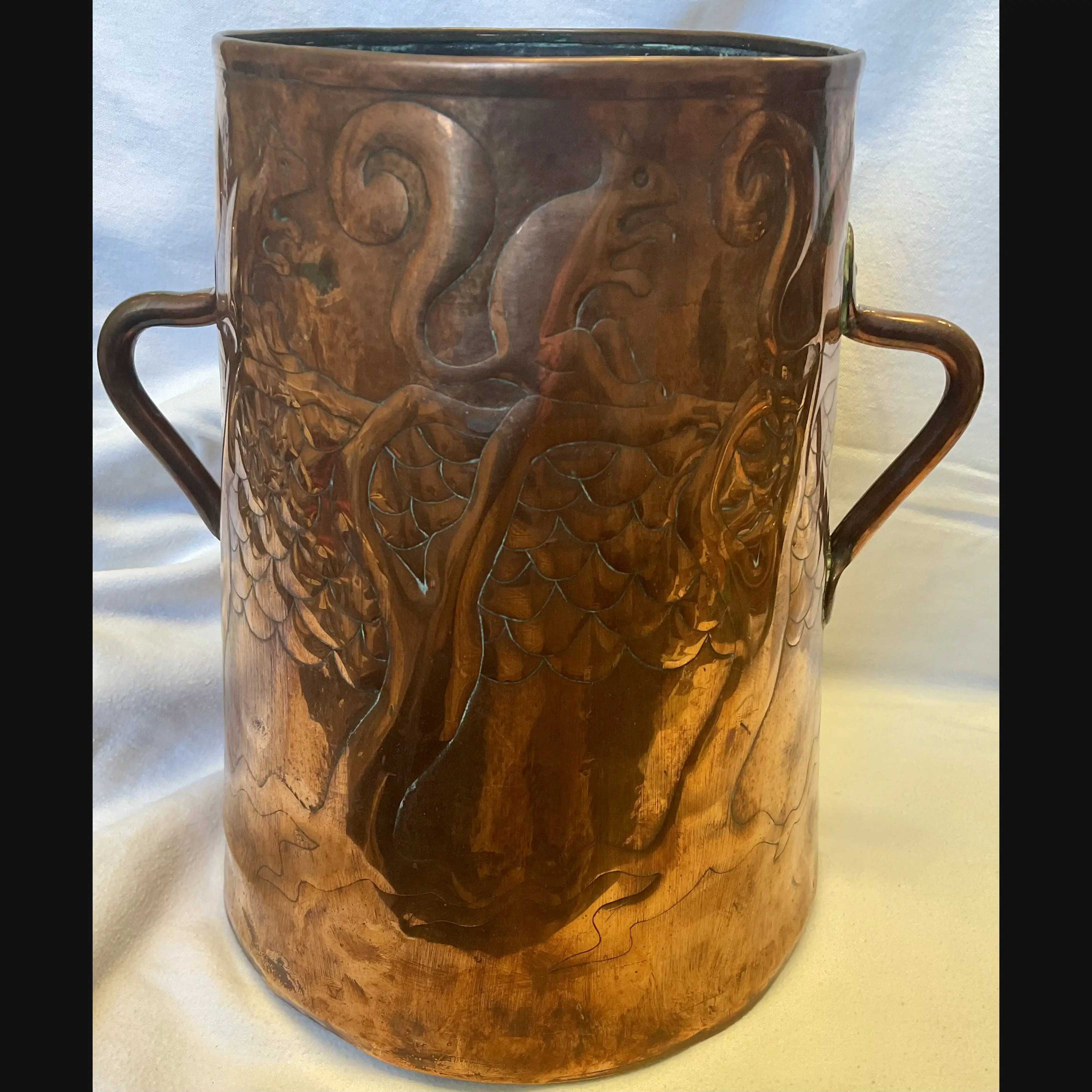 yattendon industrial class arts and crafts copper two handled vase with red squirrels