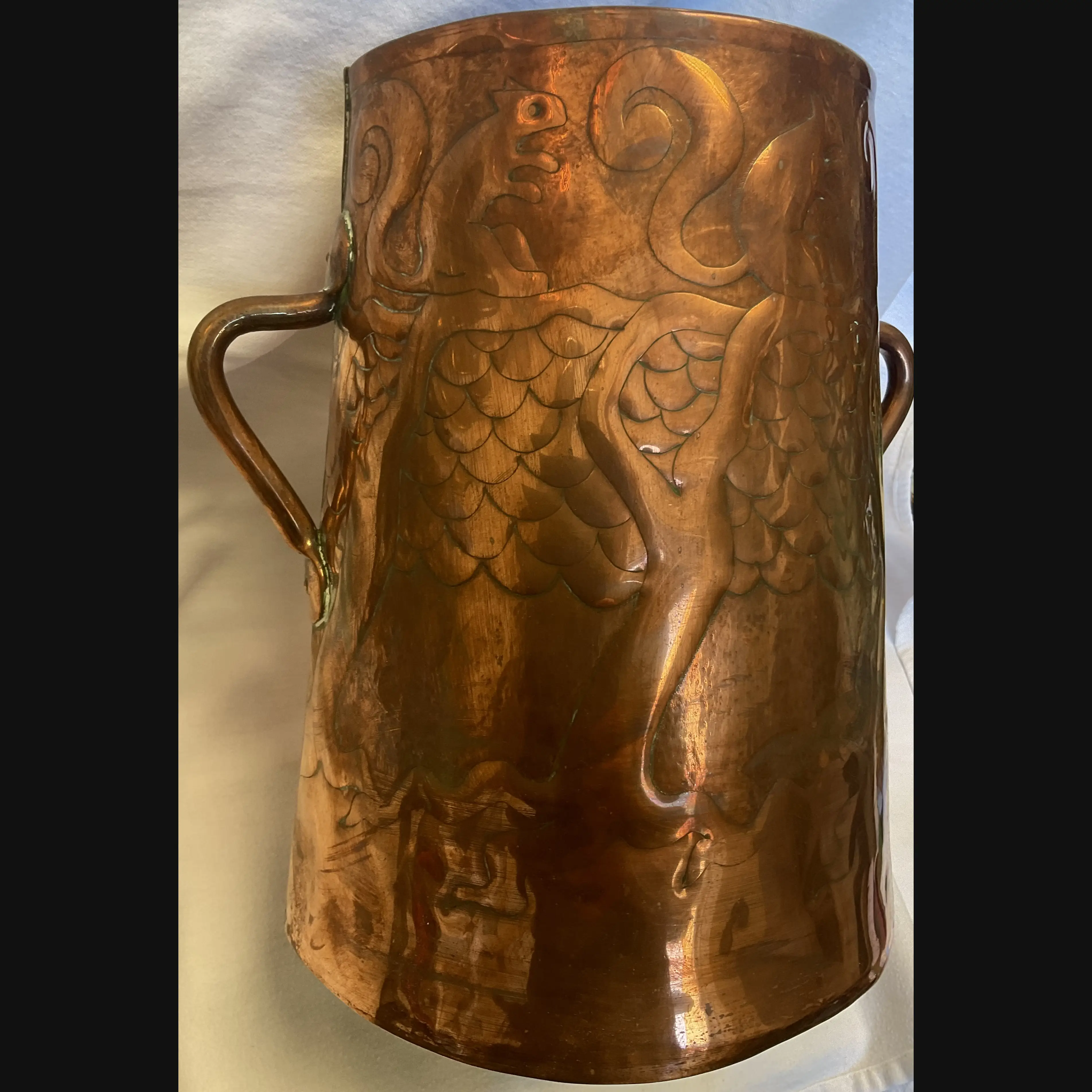 yattendon industrial class arts and crafts copper two handled vase with red squirrels