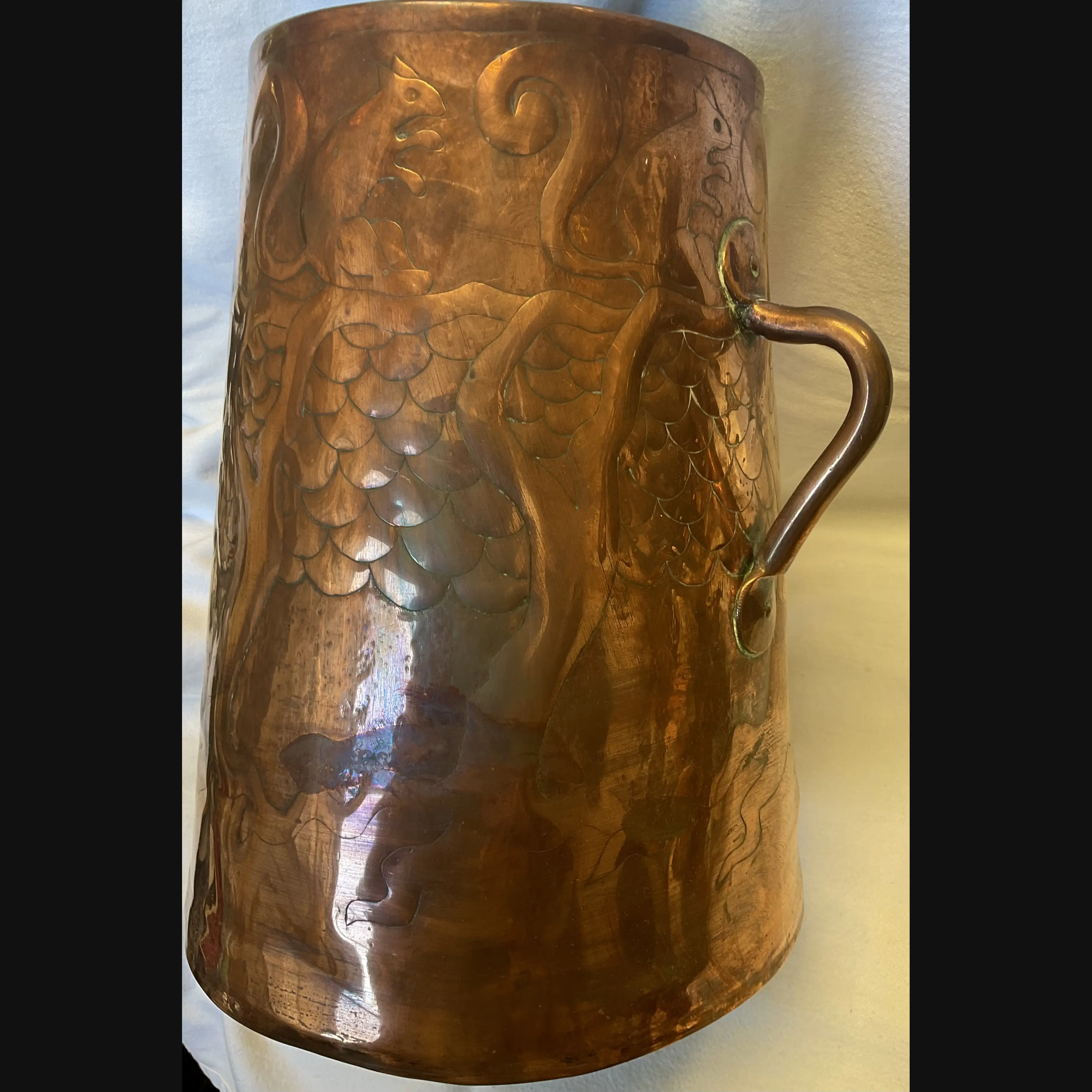 yattendon industrial class arts and crafts copper two handled vase with red squirrels
