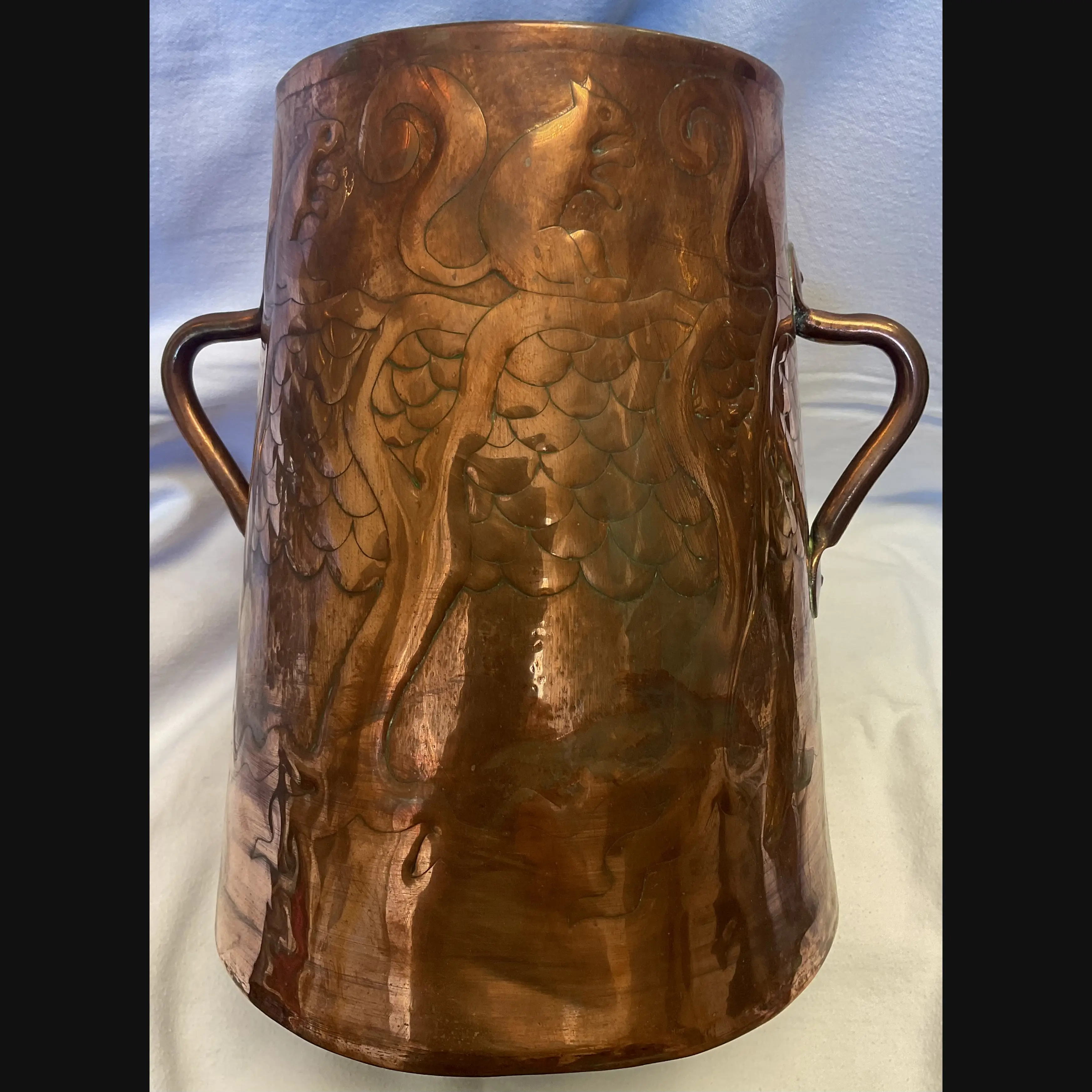 yattendon industrial class arts and crafts copper two handled vase with red squirrels